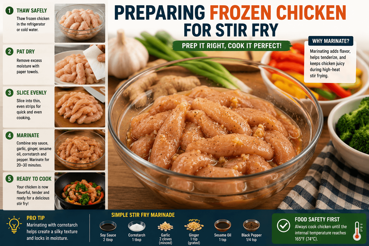Preparing thawed frozen chicken strips with marinade before stir frying