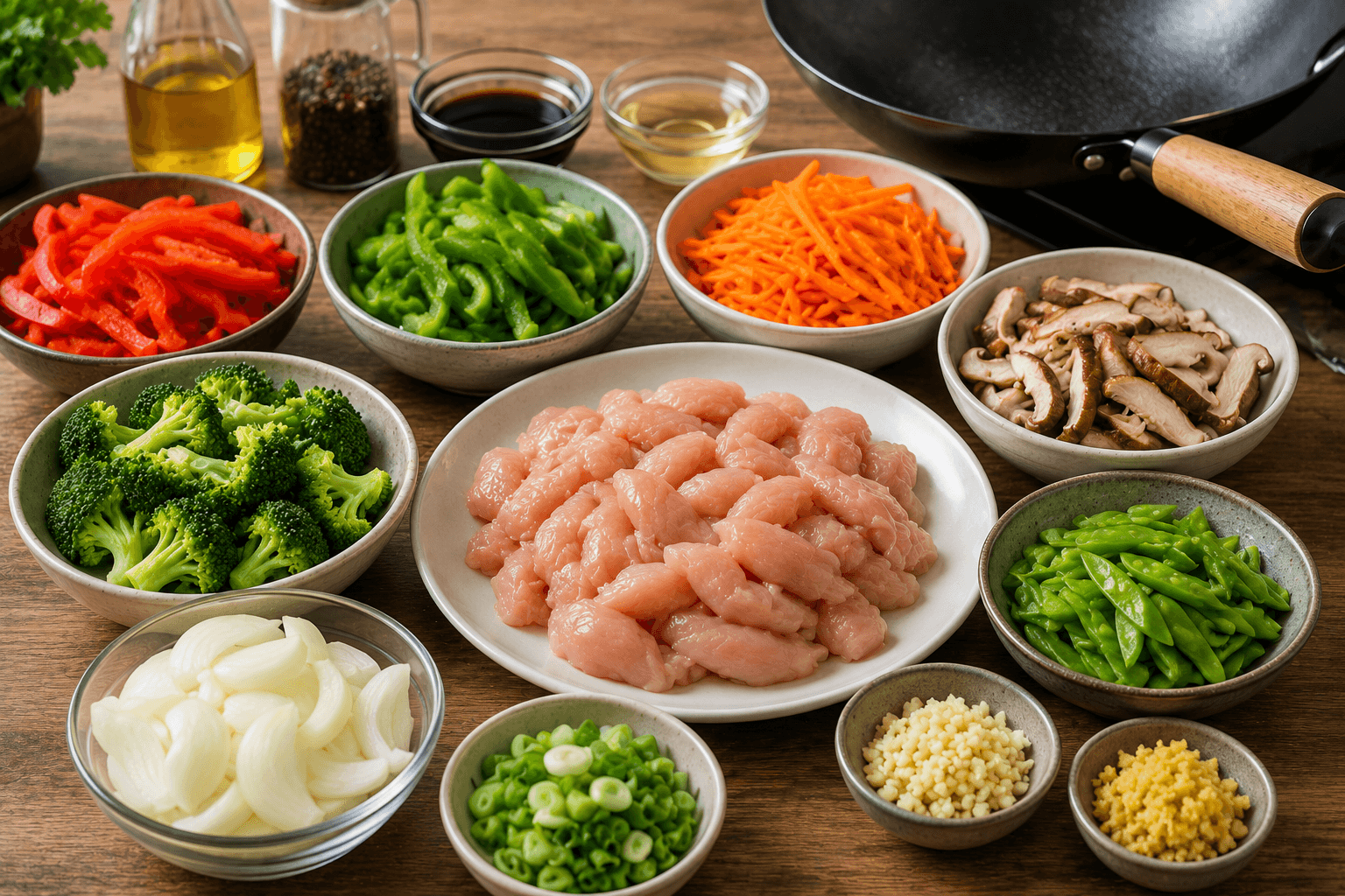 Preparing evenly cut chicken and vegetables before making a stir fry