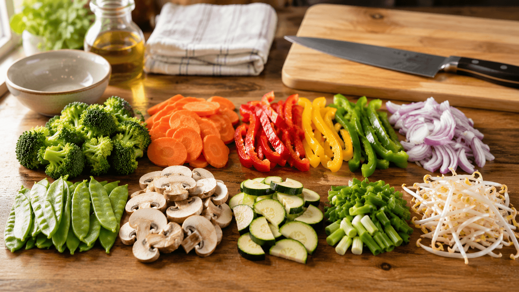 Prepared stir fry vegetables cut into uniform sizes and grouped by cooking time