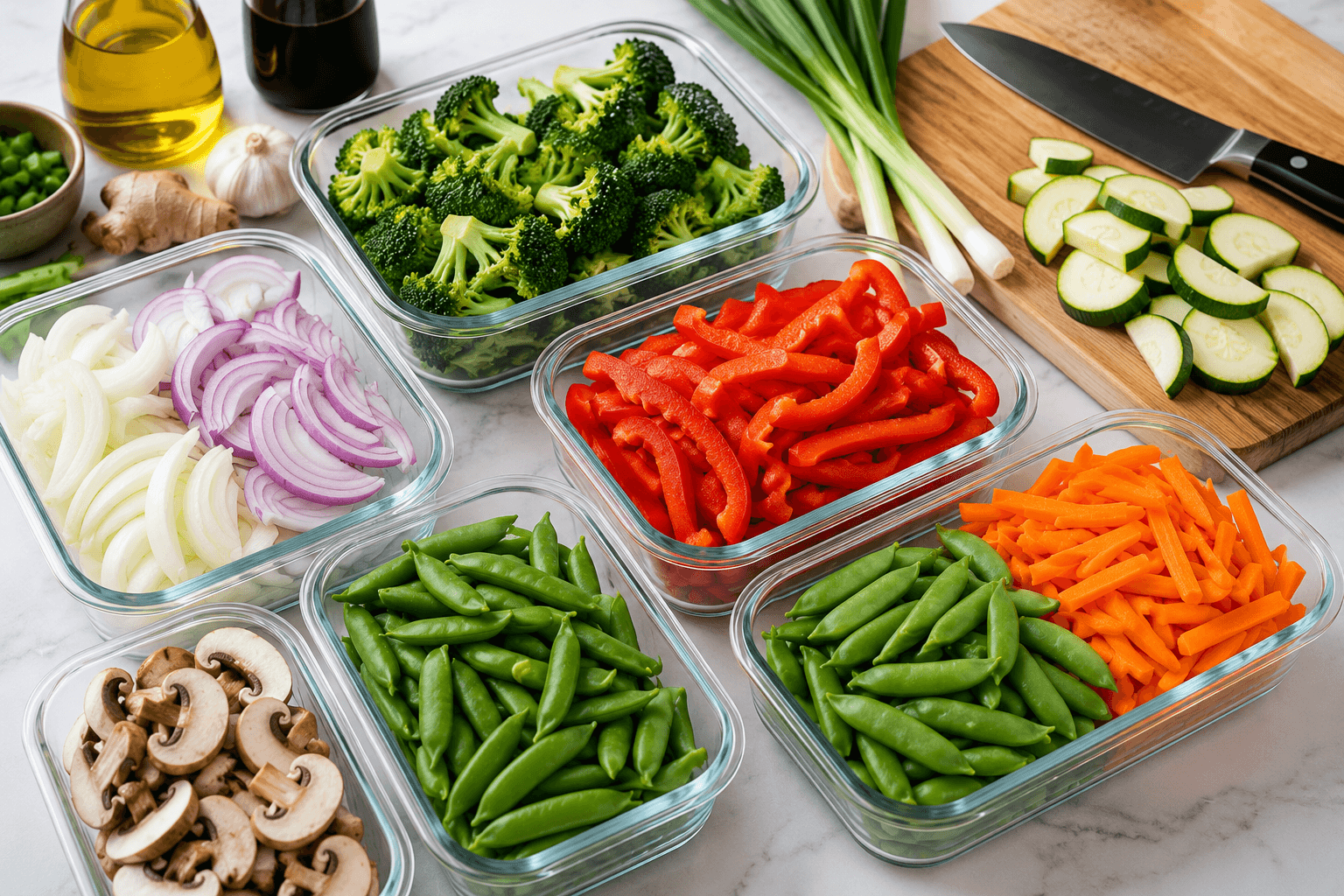 Fresh vegetables sliced evenly for chicken stir fry meal prep before cooking