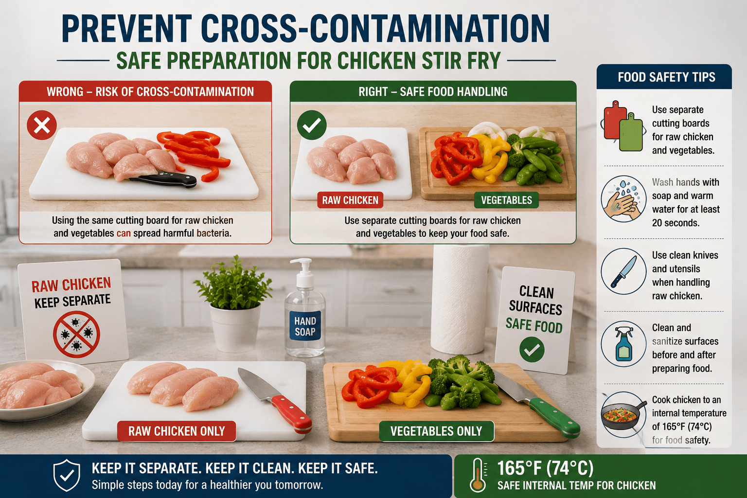 Using separate cutting boards and clean utensils to prevent cross contamination while preparing chicken stir fry