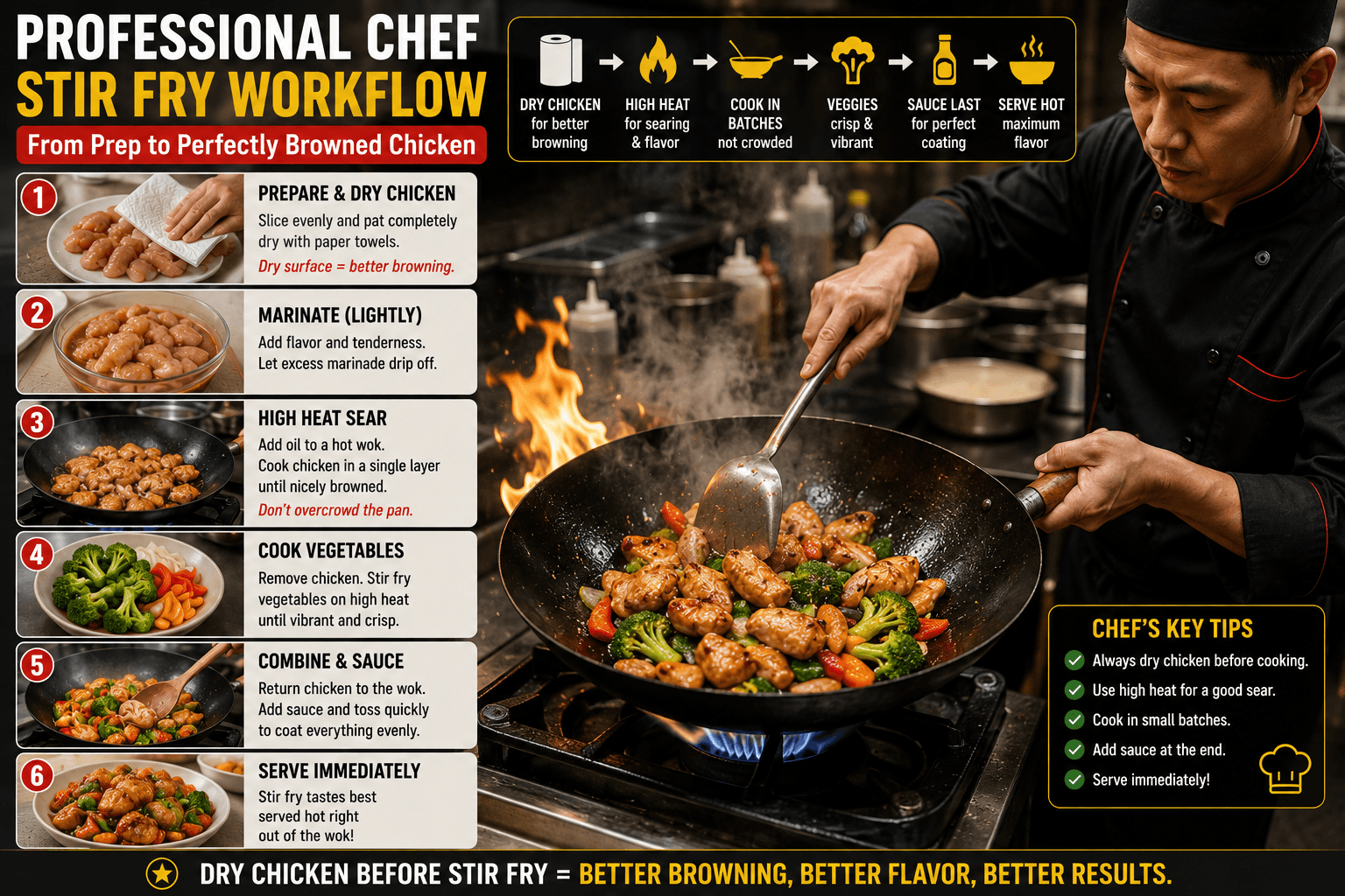 Professional chef cooking perfectly browned chicken stir fry in a hot wok