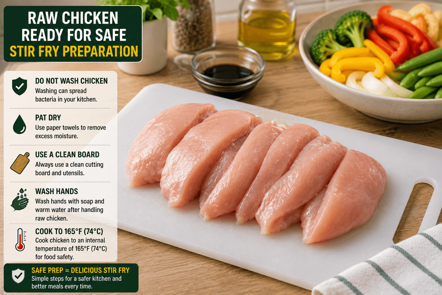 Raw chicken breast safely prepared without washing before stir fry cooking