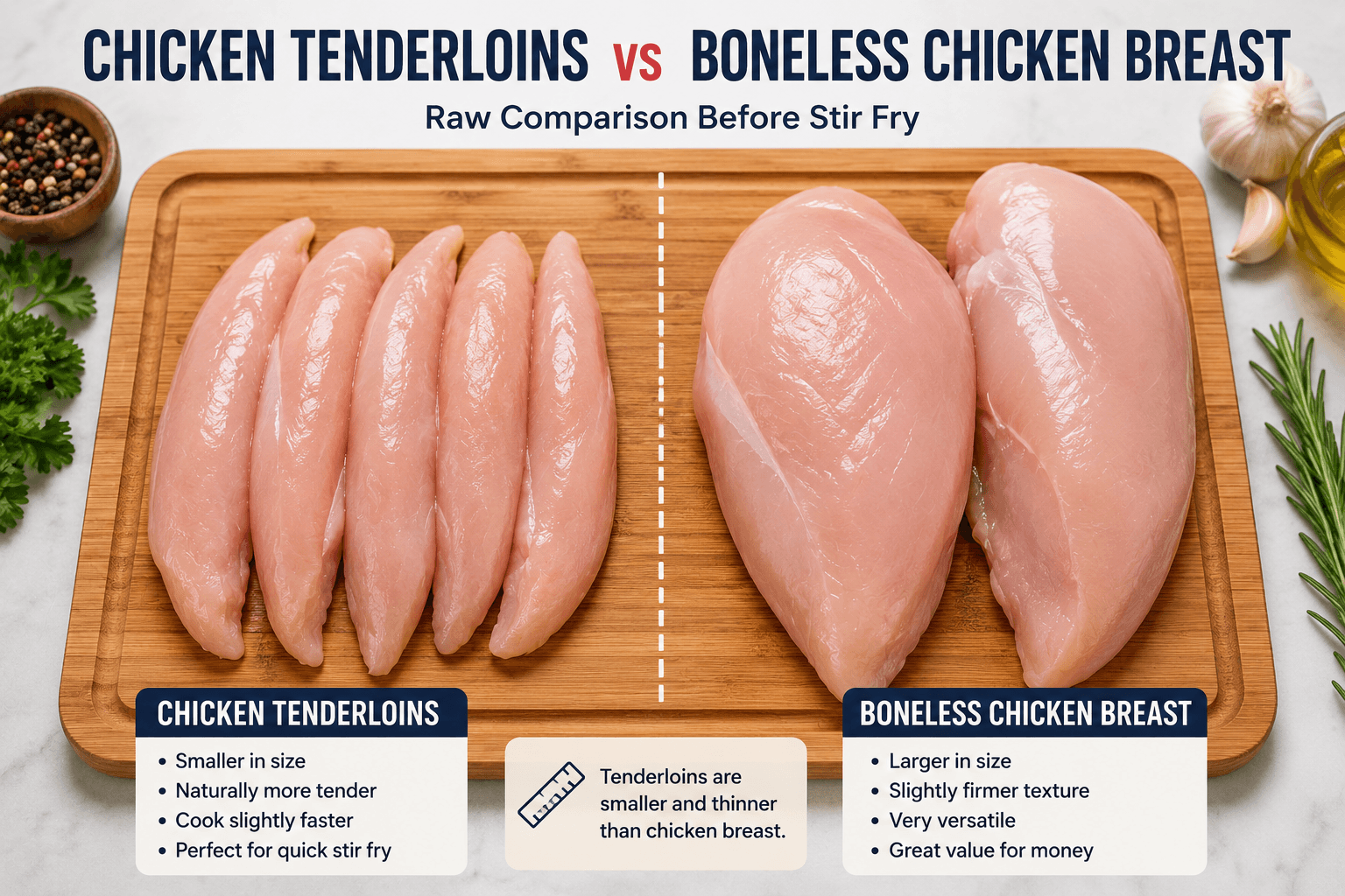 Raw chicken tenderloins beside boneless skinless chicken breast showing the size difference before stir fry