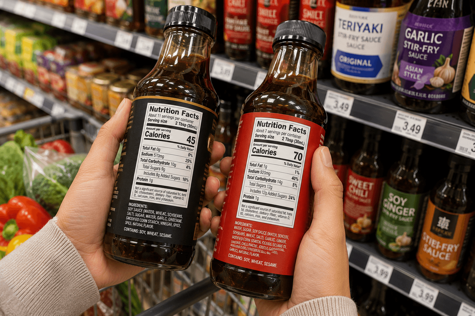Comparing nutrition labels on store bought stir fry sauce bottles before buying