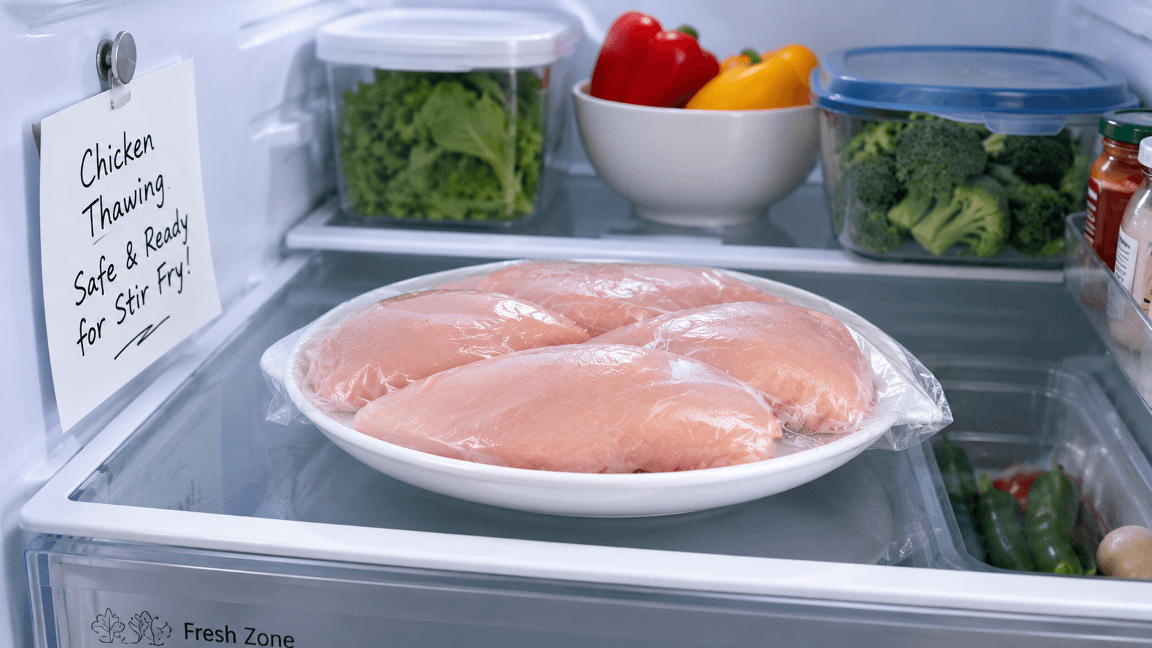 Chicken safely thawing in refrigerator before making stir fry