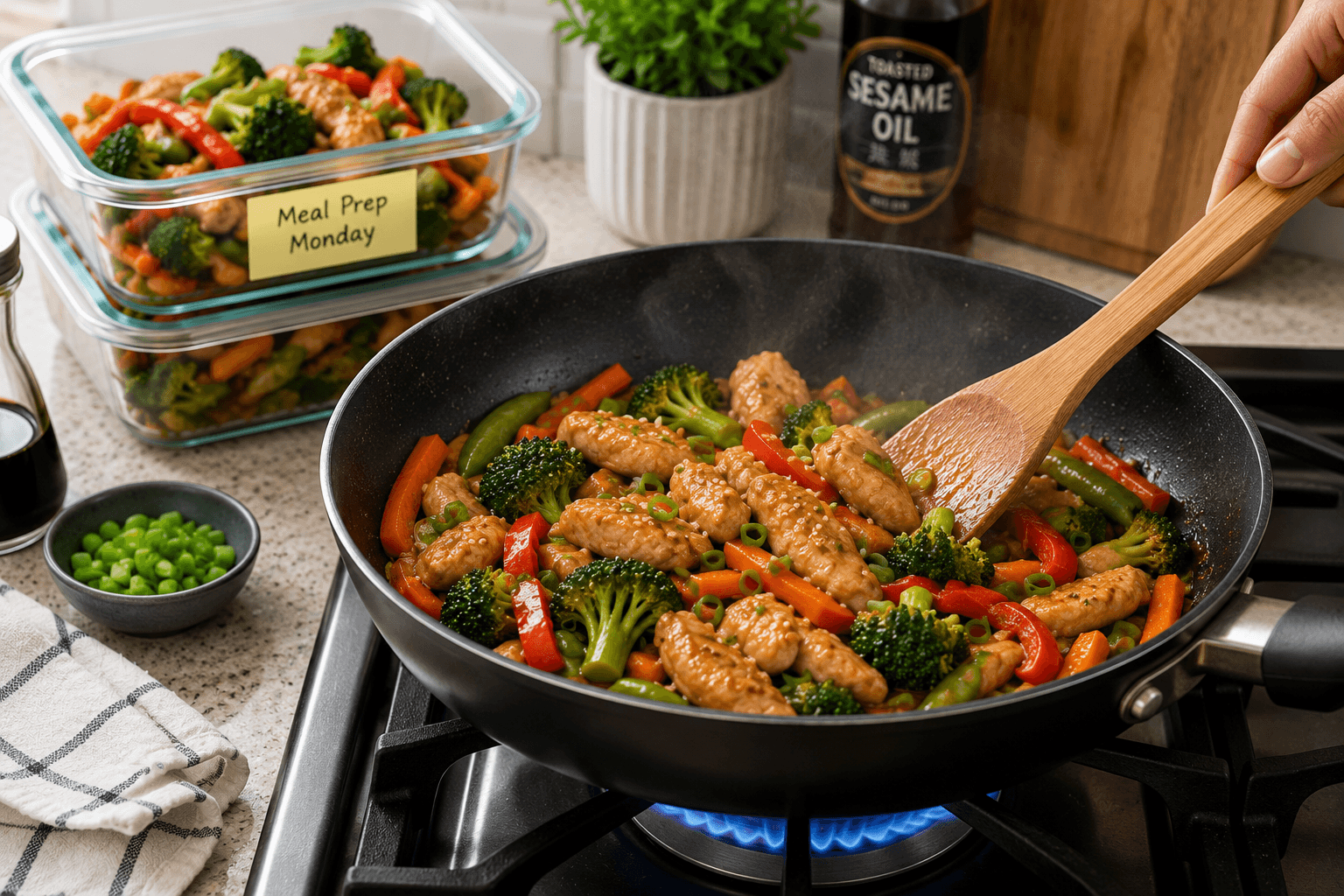 Reheating chicken stir fry meal prep in a skillet to maintain the best texture