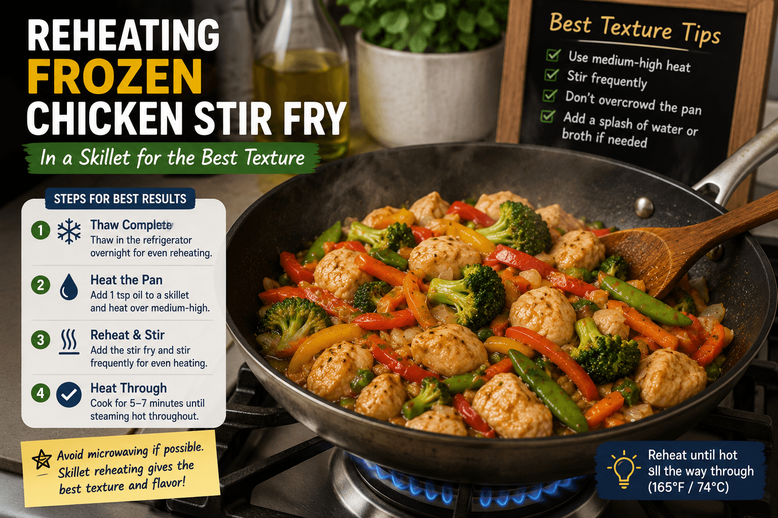 Reheating frozen chicken stir fry in a skillet for the best texture