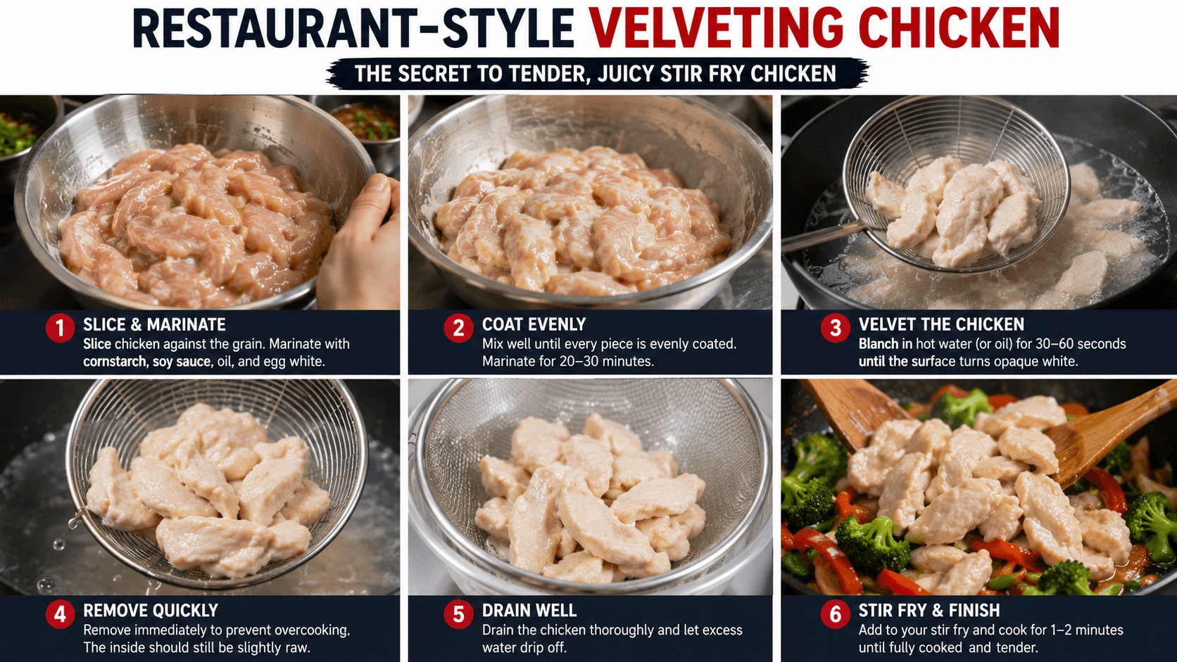 Restaurant-style chicken velveting process before stir frying