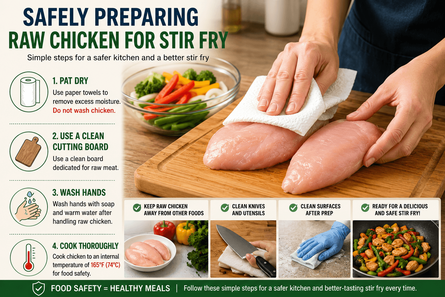 Preparing raw chicken safely for stir fry by patting it dry and using a clean cutting board