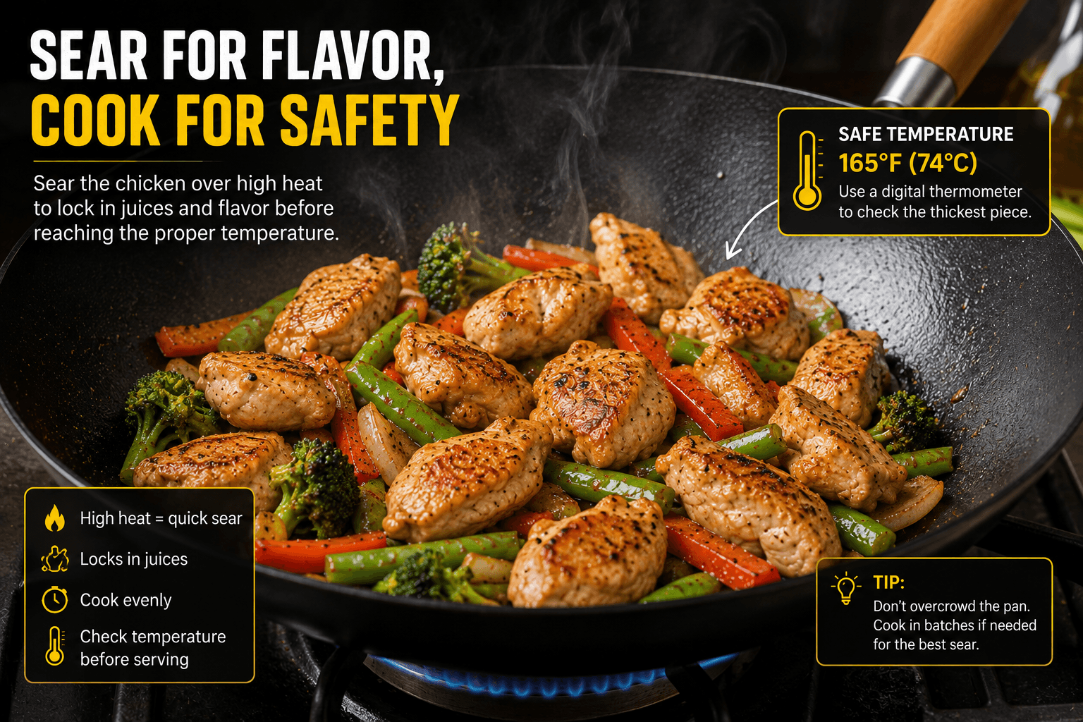 Chicken searing in a hot wok before reaching the proper chicken stir fry temperature
