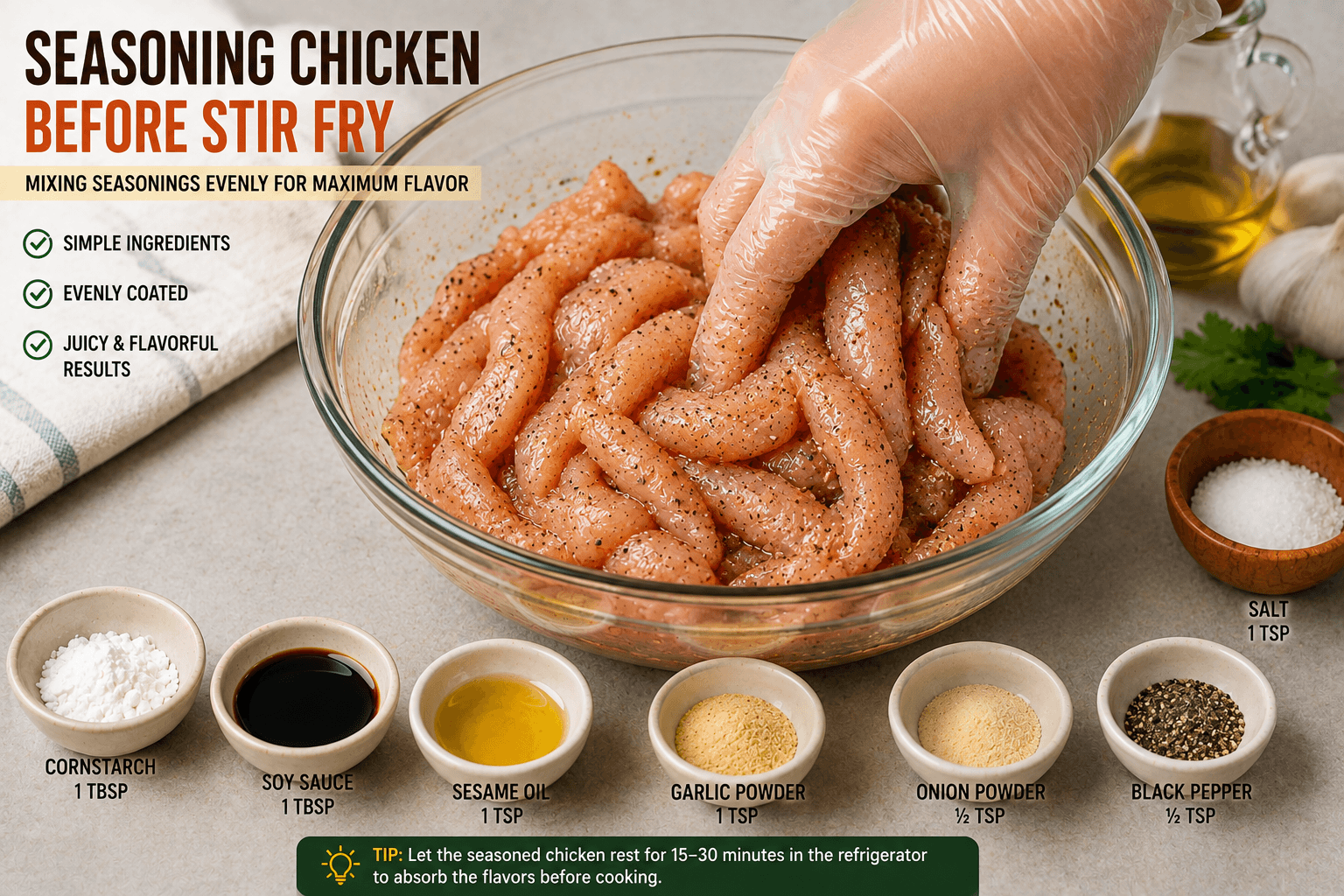 Mixing seasonings evenly into sliced chicken before stir fry cooking