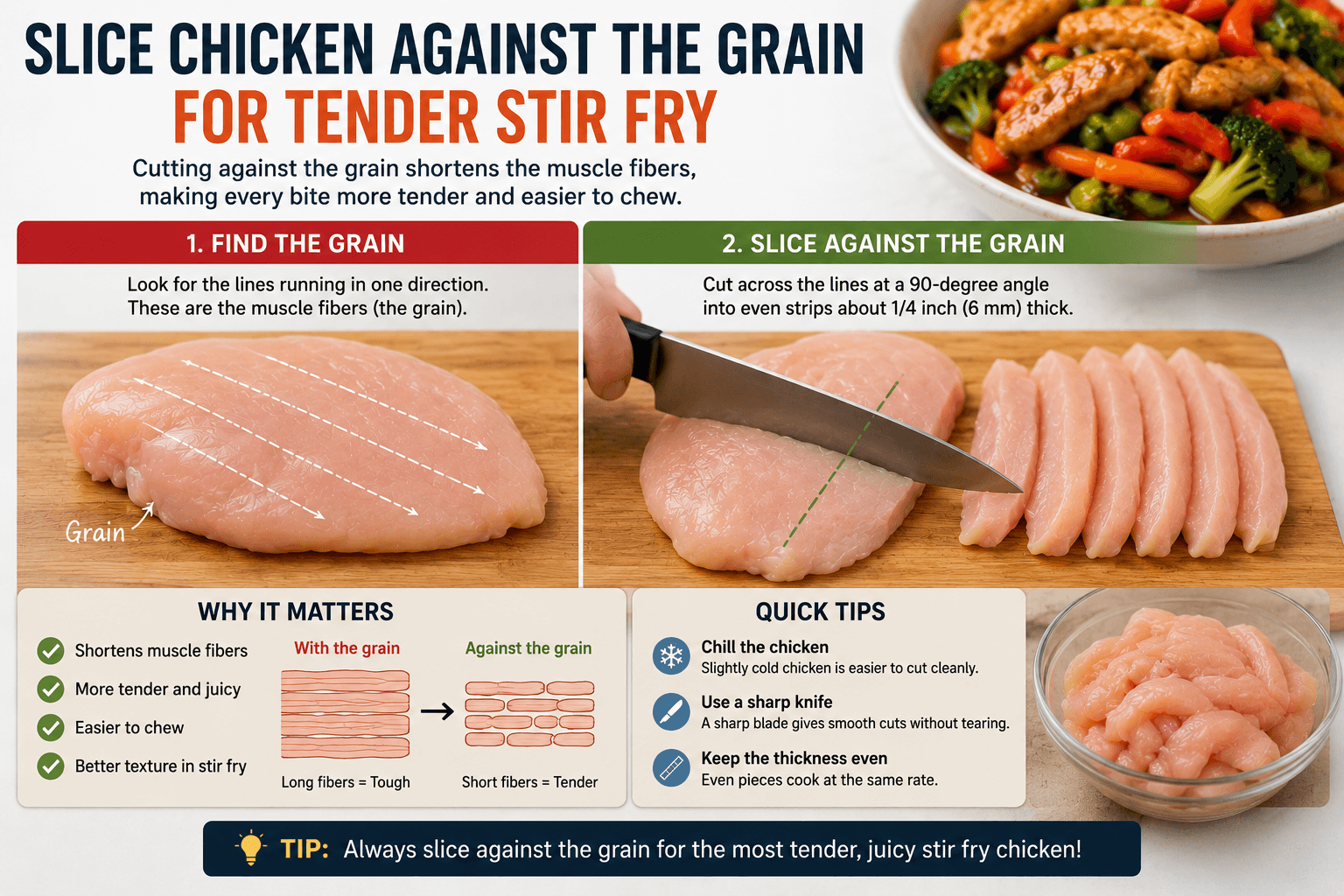 Demonstration of slicing chicken against the grain for tender stir fry