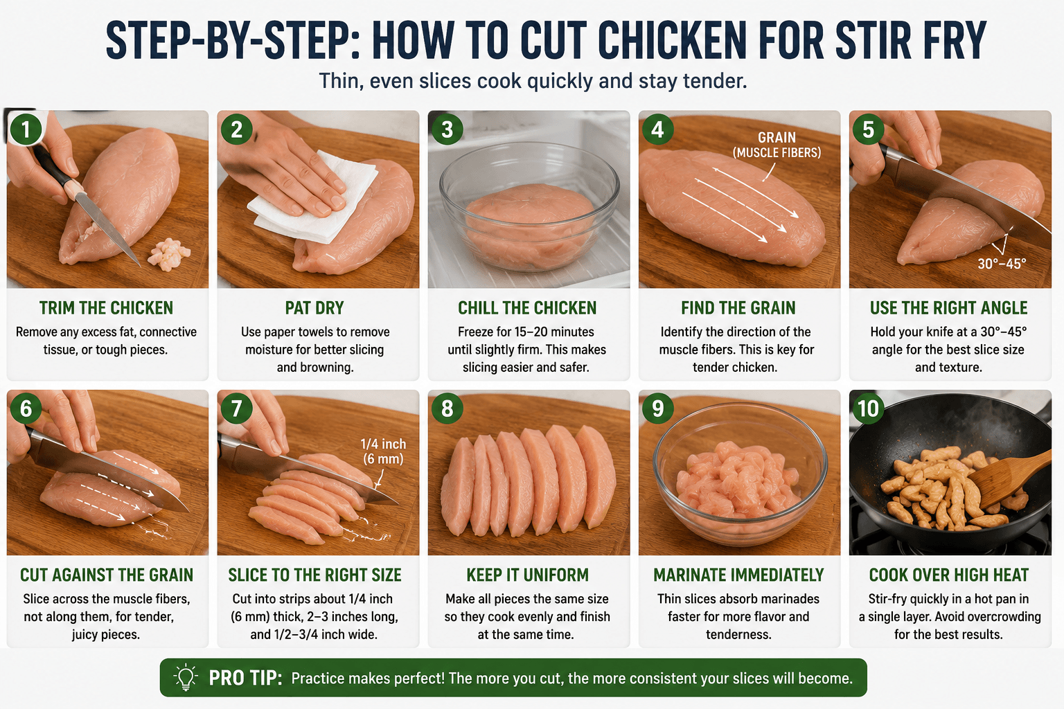 Step by step process of cutting chicken for stir fry into uniform strips