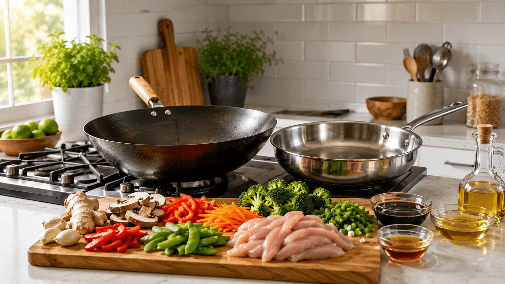 Cookware guide showing wok and skillet options for home stir fry cooking