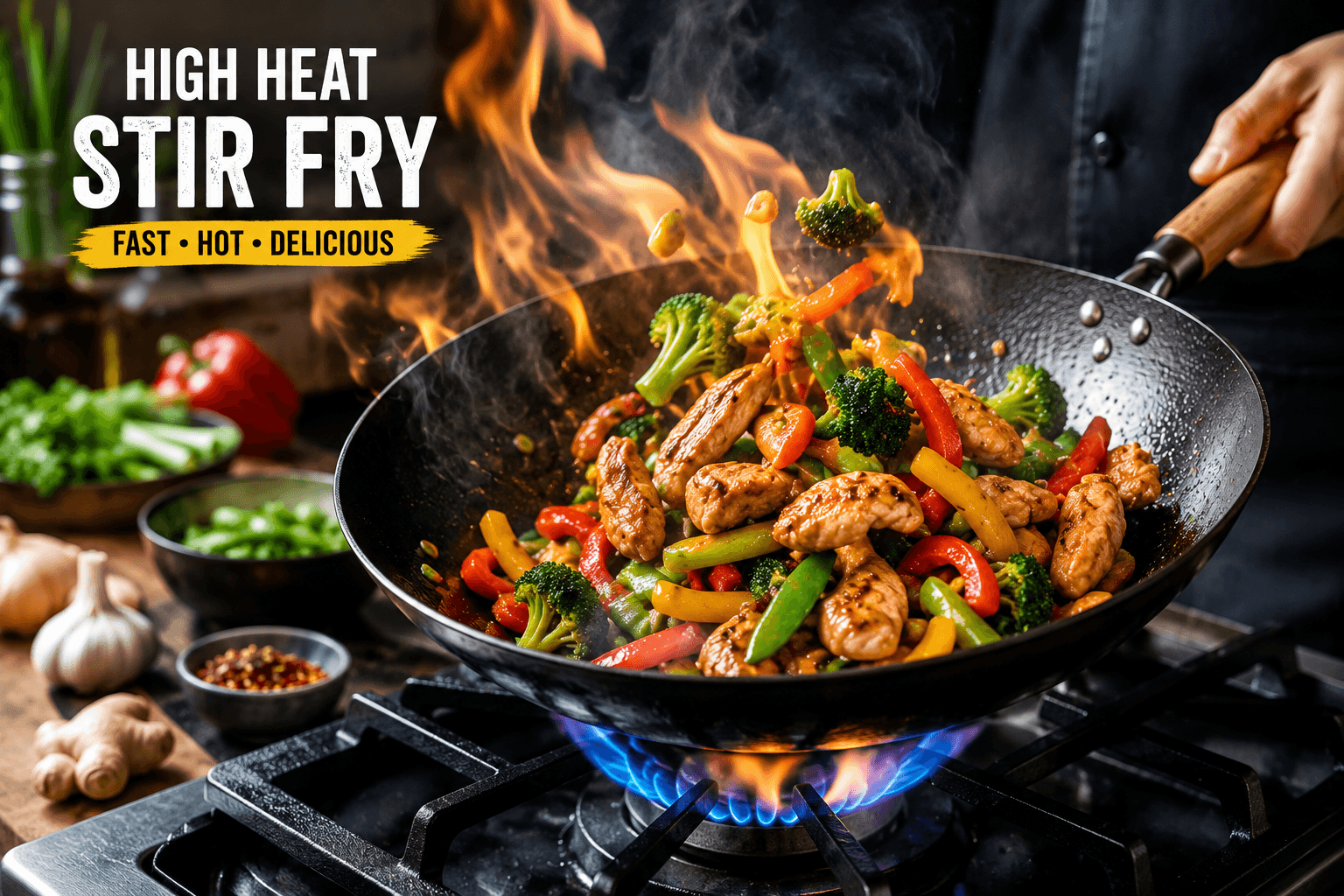 High heat stir fry cooking technique using fresh vegetables and chicken