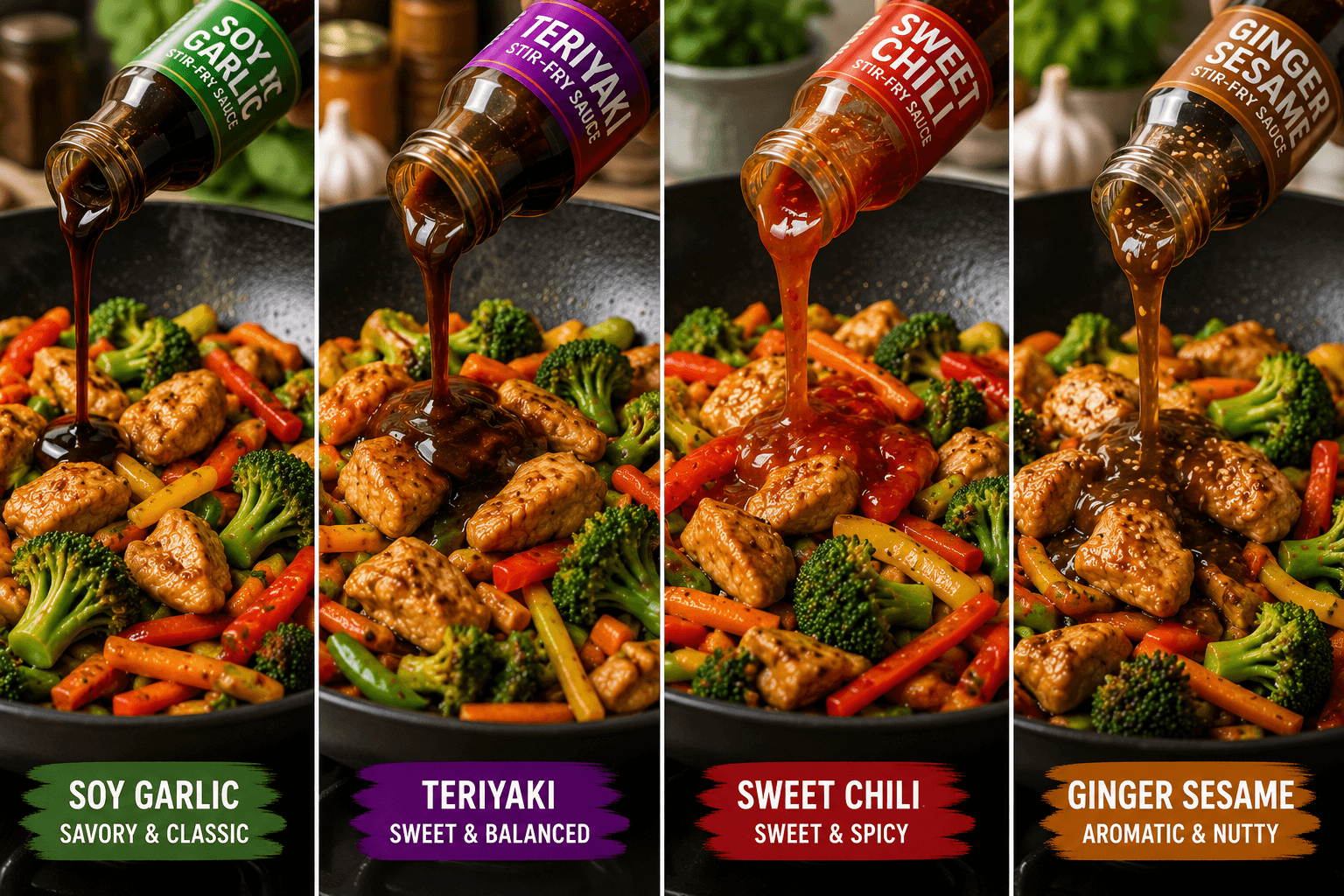 Different store bought stir fry sauces coating chicken broccoli carrots and bell peppers in a wok