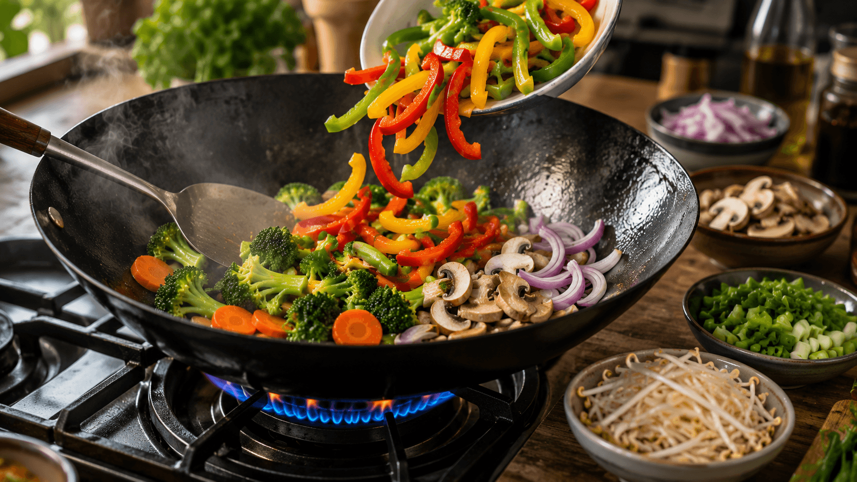 Adding vegetables to a wok in the correct order to avoid soggy stir fry vegetables