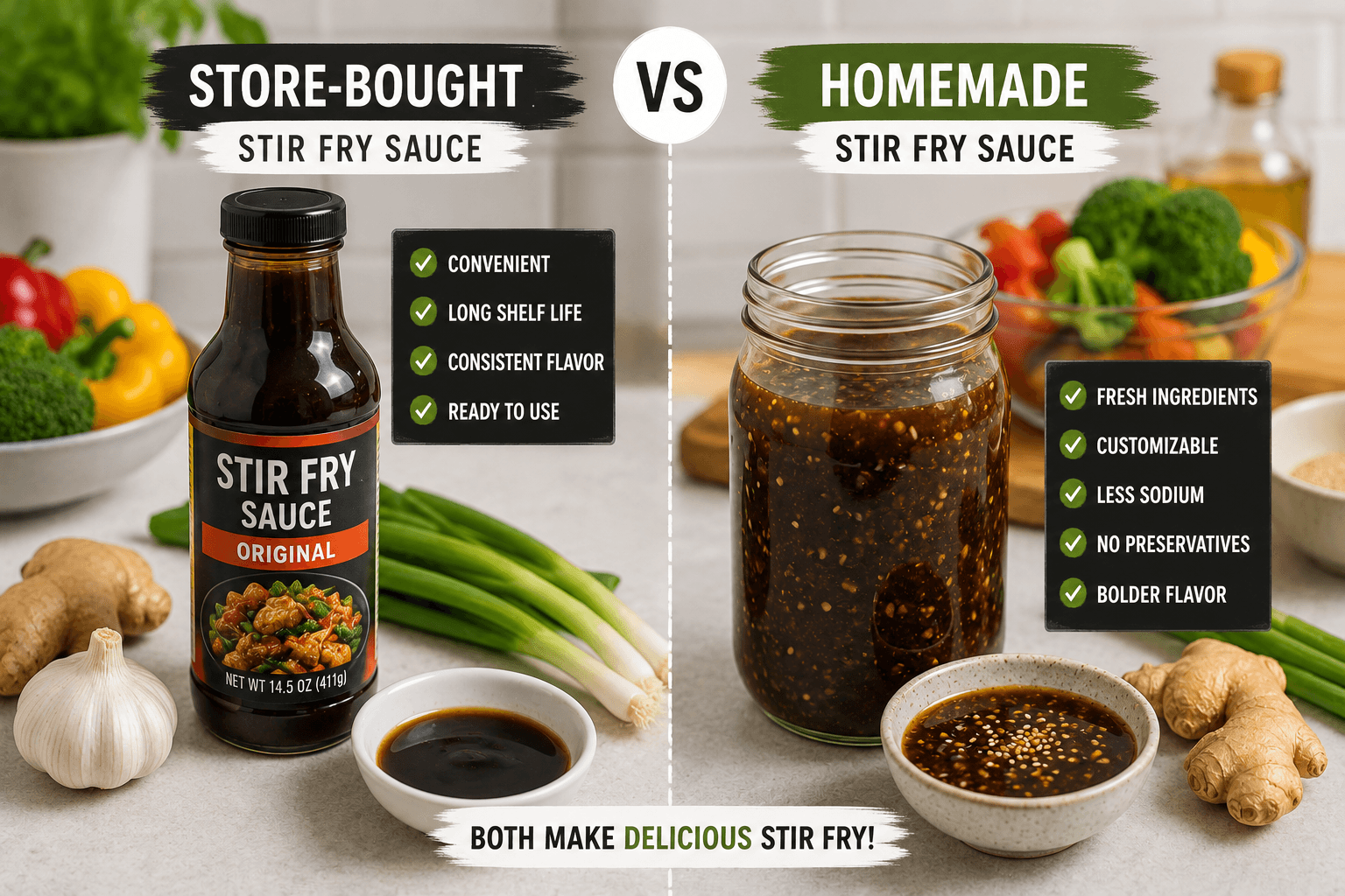 Store bought stir fry sauce compared with homemade stir fry sauce in glass jars