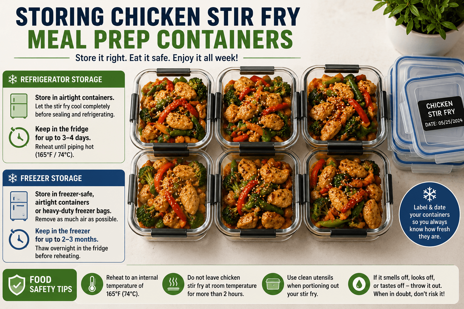 Chicken stir fry stored in airtight meal prep containers for refrigeration and freezing
