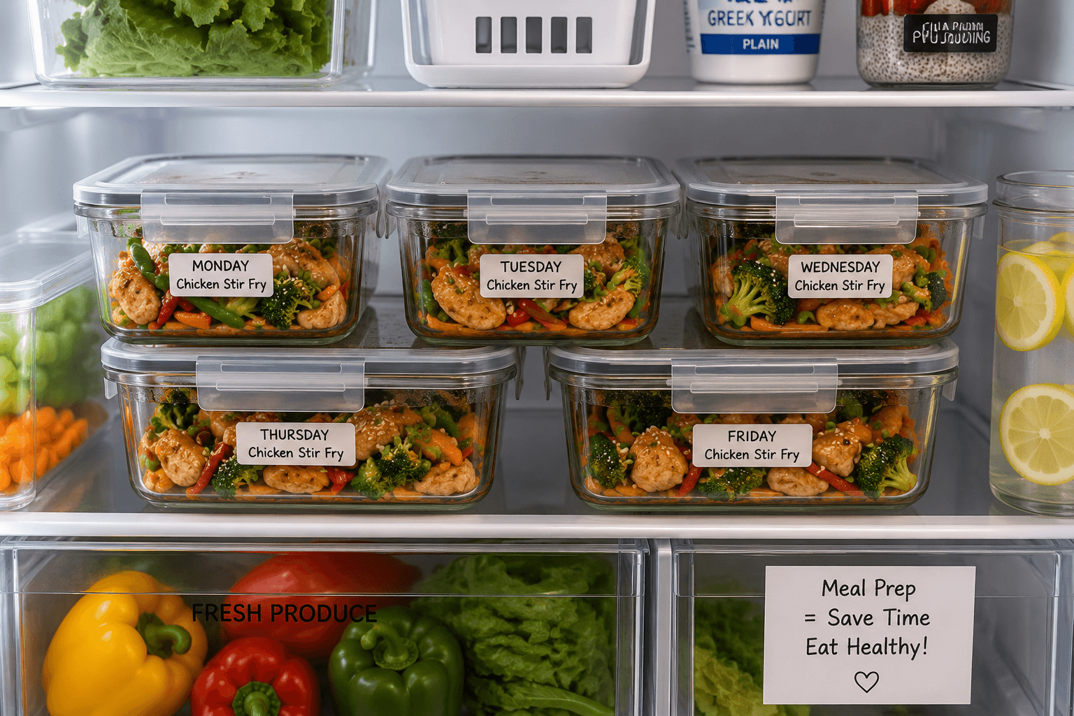 Chicken stir fry meal prep stored safely in airtight containers inside a refrigerator