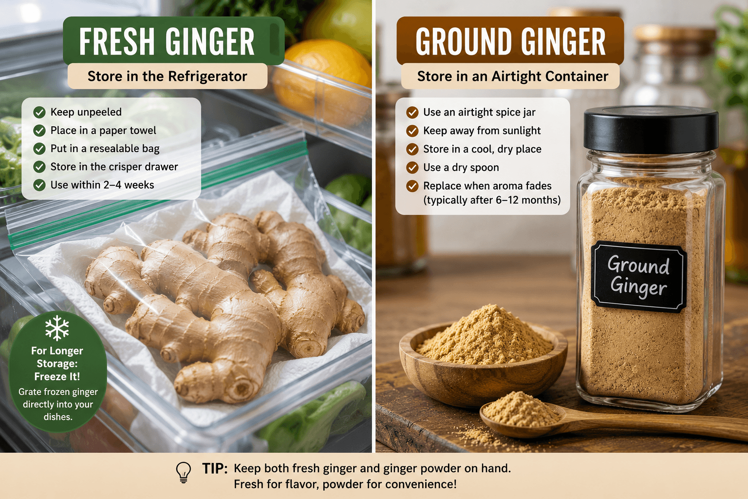 Fresh ginger stored in refrigerator and ginger powder stored in airtight spice jar