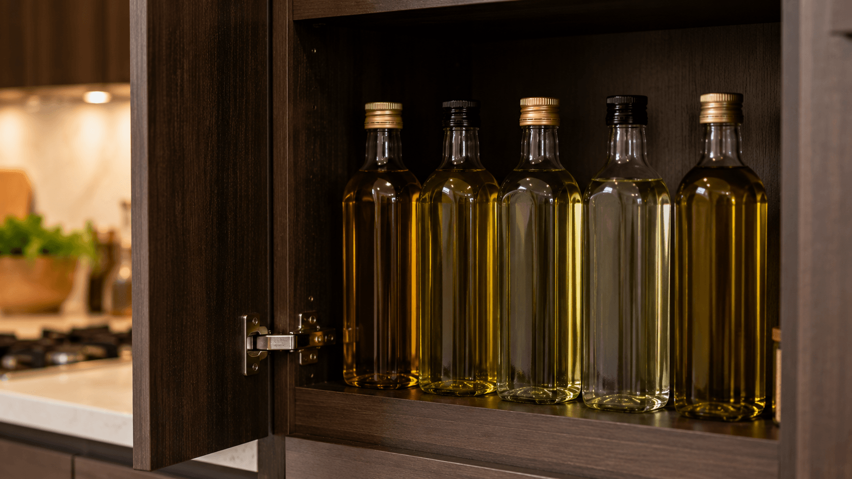 Properly storing high heat cooking oils in a cool dark kitchen cabinet