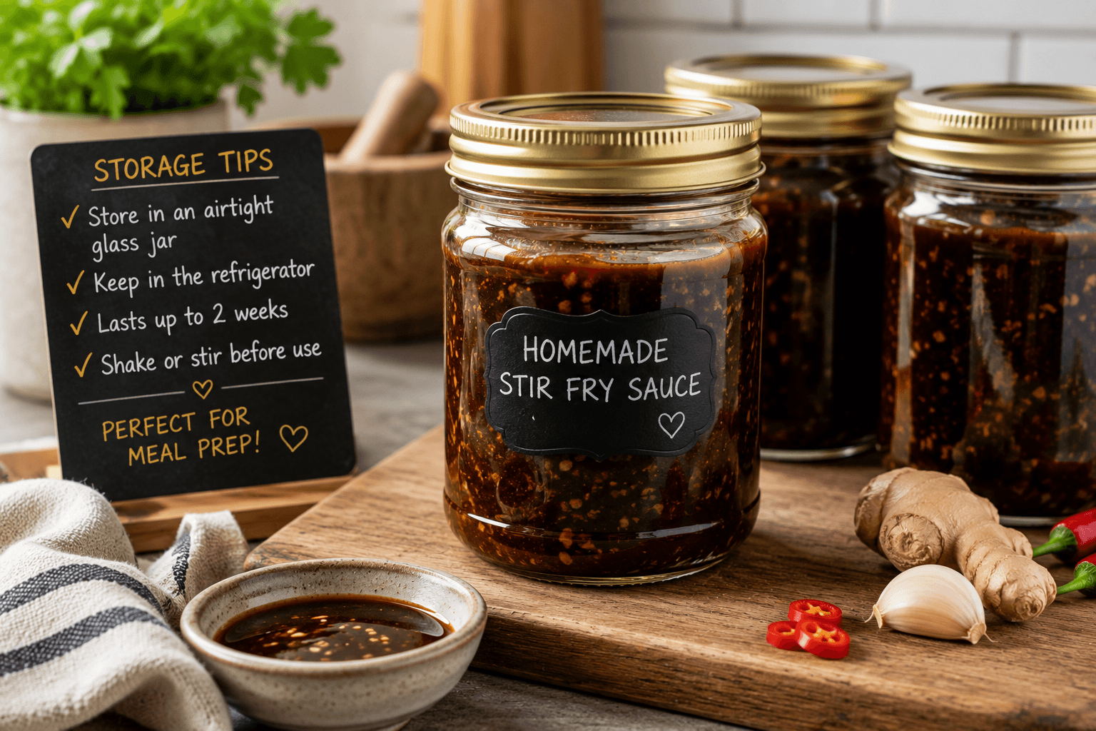 Homemade stir fry sauce stored in airtight glass jars for meal prep