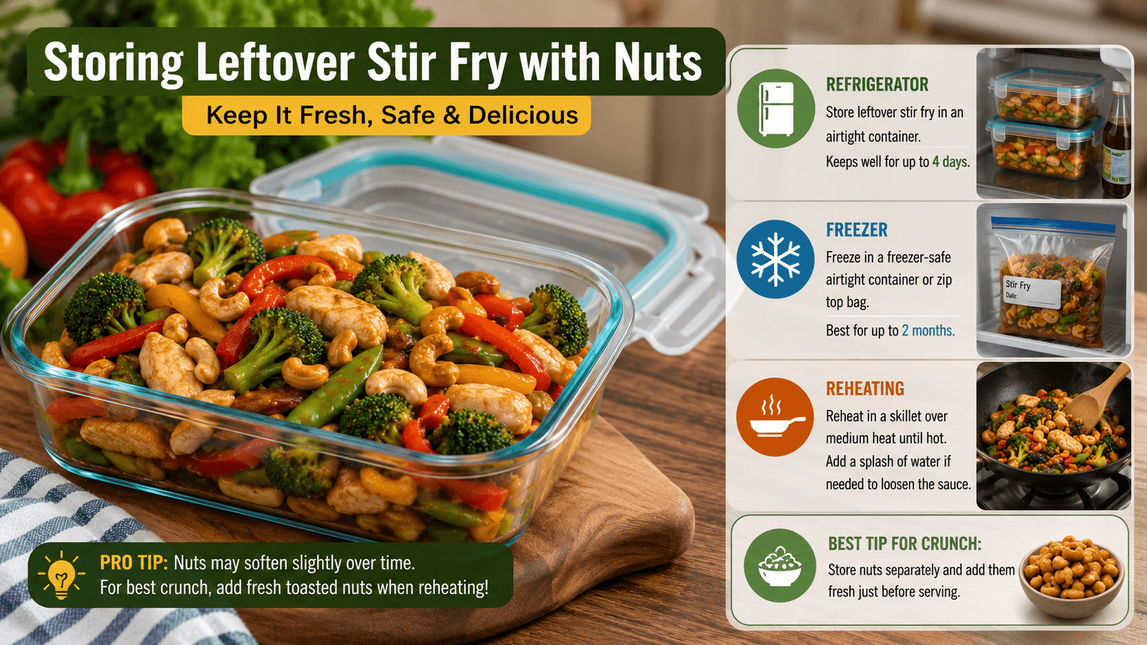 Proper storage for leftover stir fry with toasted nuts