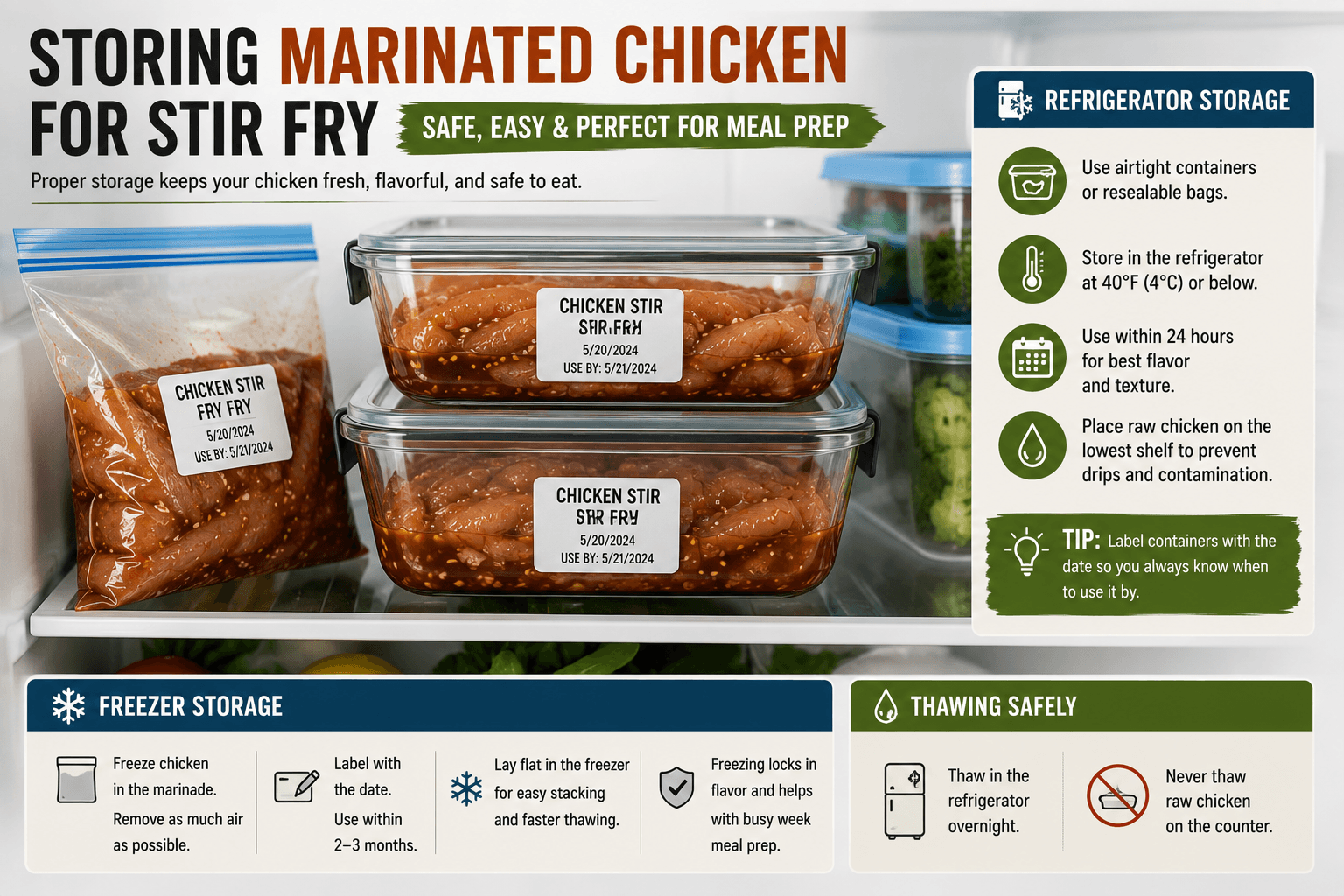 Marinated chicken stored in airtight containers in the refrigerator for safe meal prep