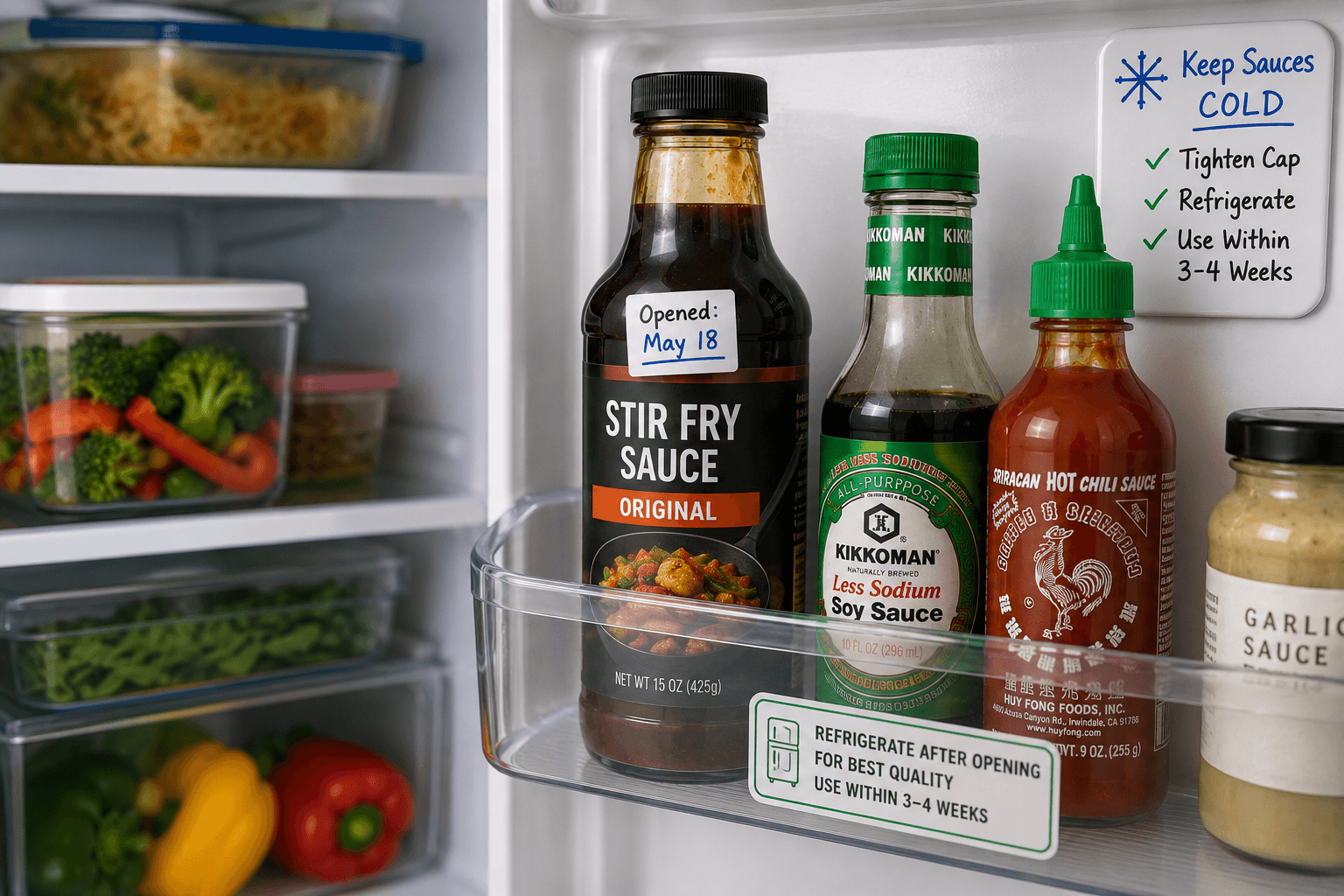 Opened store bought stir fry sauce stored safely in a refrigerator door