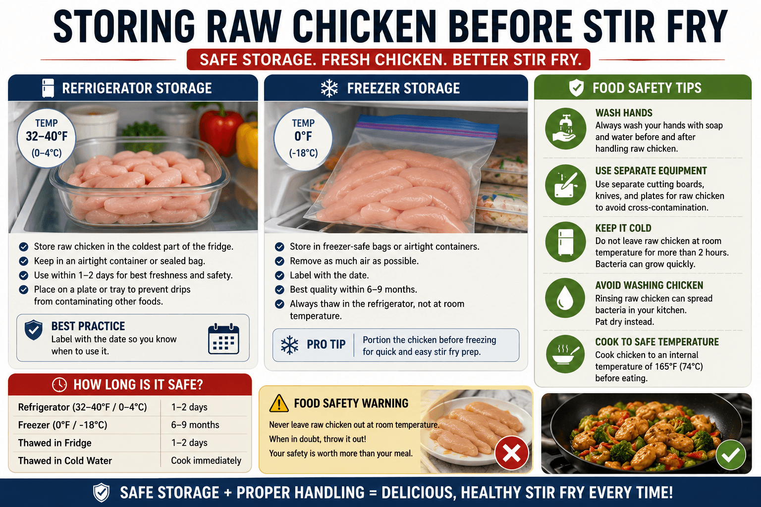Proper storage and food safety practices for raw chicken before stir fry