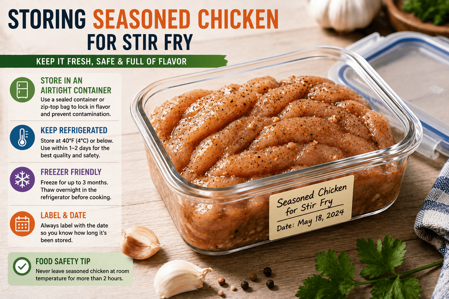 Seasoned raw chicken stored safely in an airtight container before making stir fry