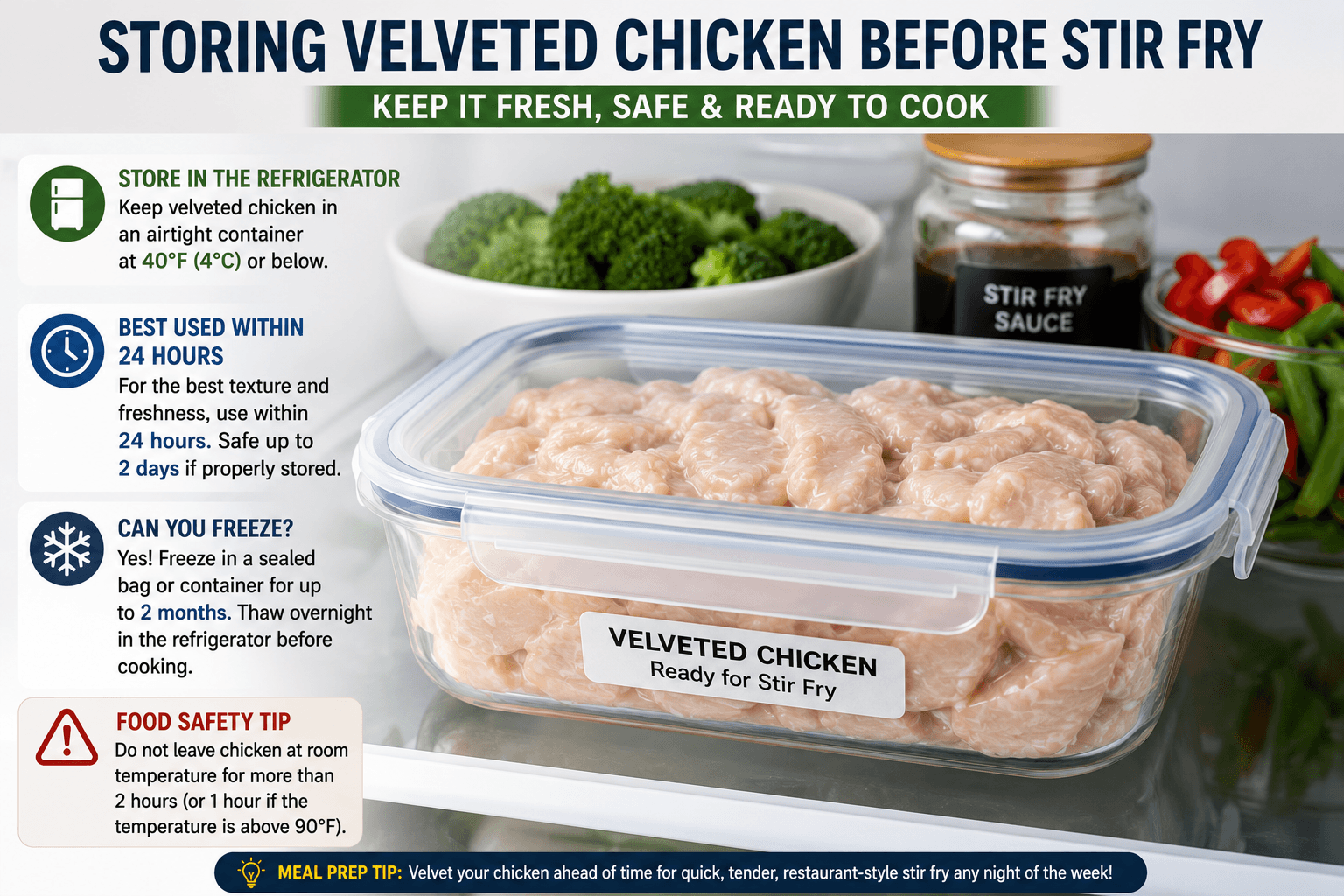 Velveted chicken stored in an airtight container in the refrigerator before stir fry