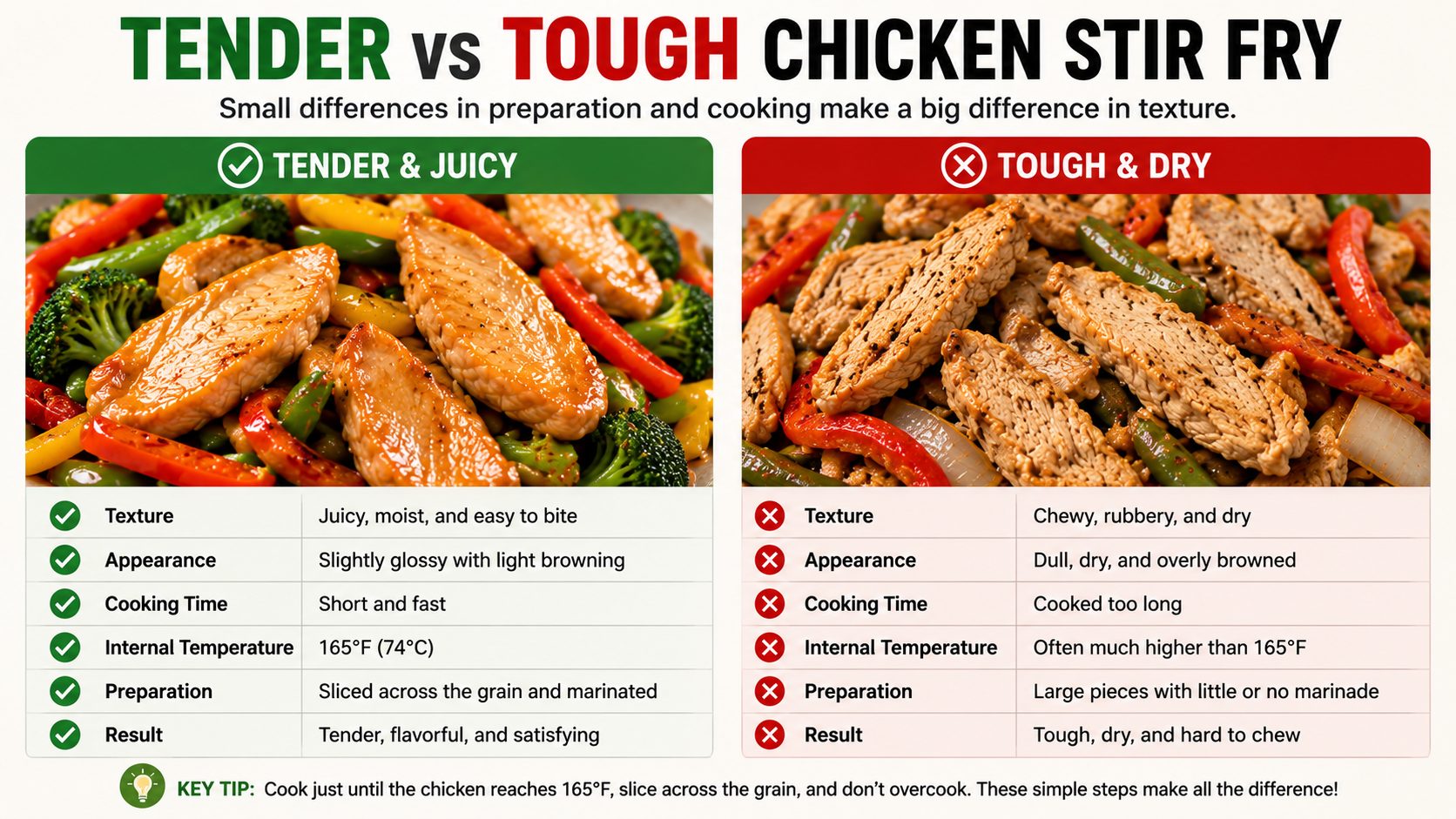 Comparison of tender juicy chicken stir fry and tough overcooked chicken stir fry
