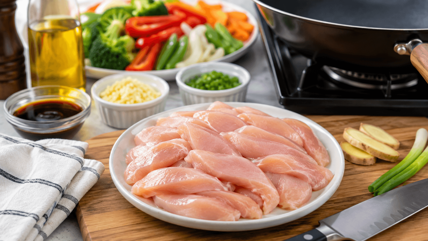 Properly thawed chicken breast prepared for stir fry cooking
