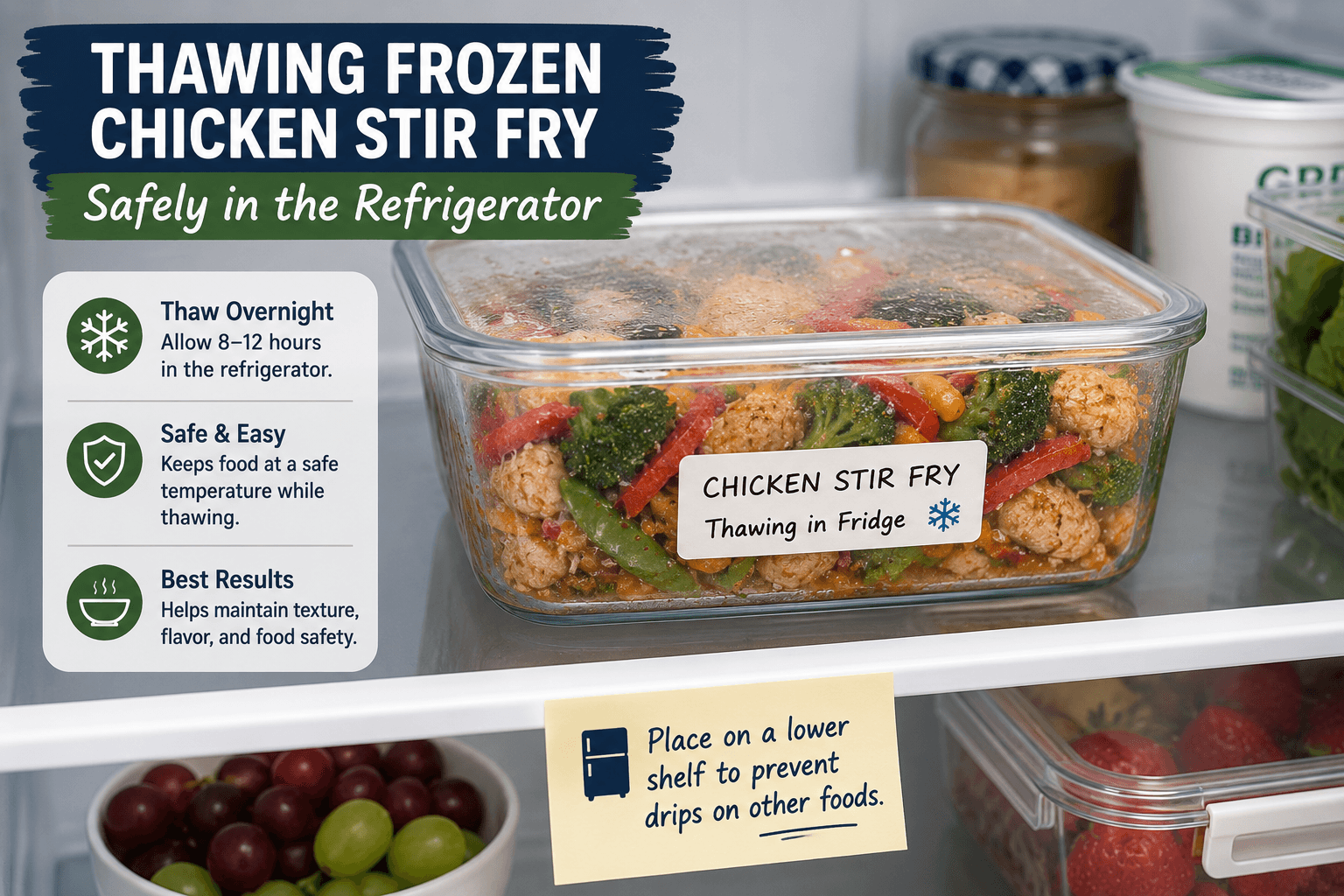 Frozen chicken stir fry thawing safely overnight in the refrigerator