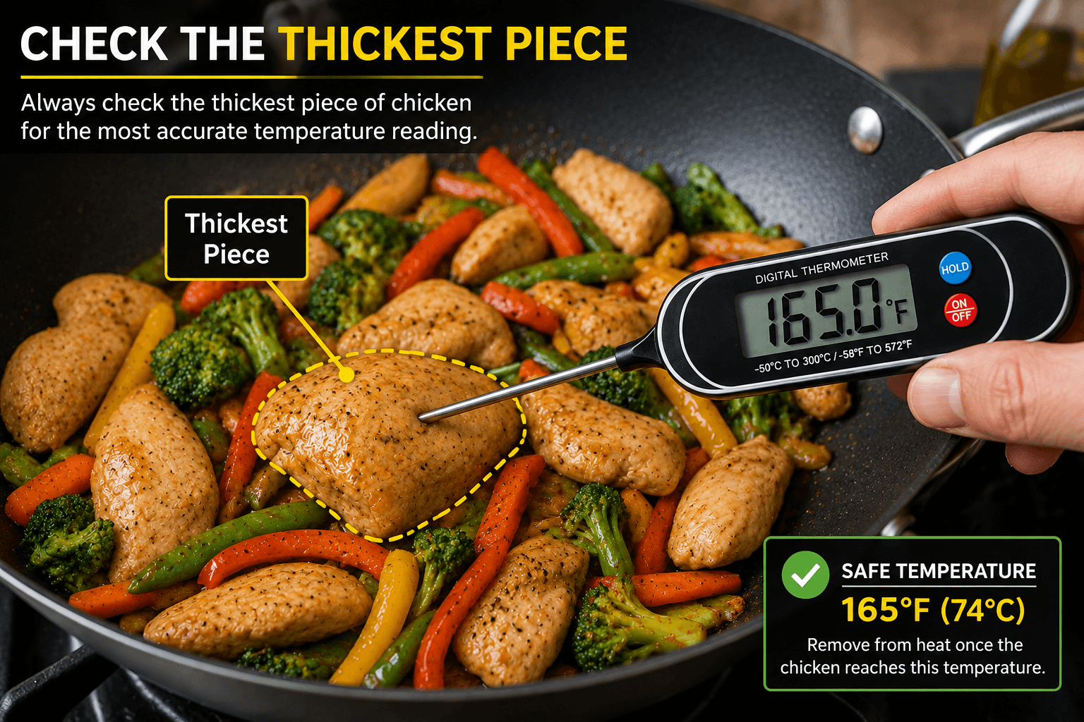 Checking the thickest piece of chicken to verify the correct chicken stir fry temperature