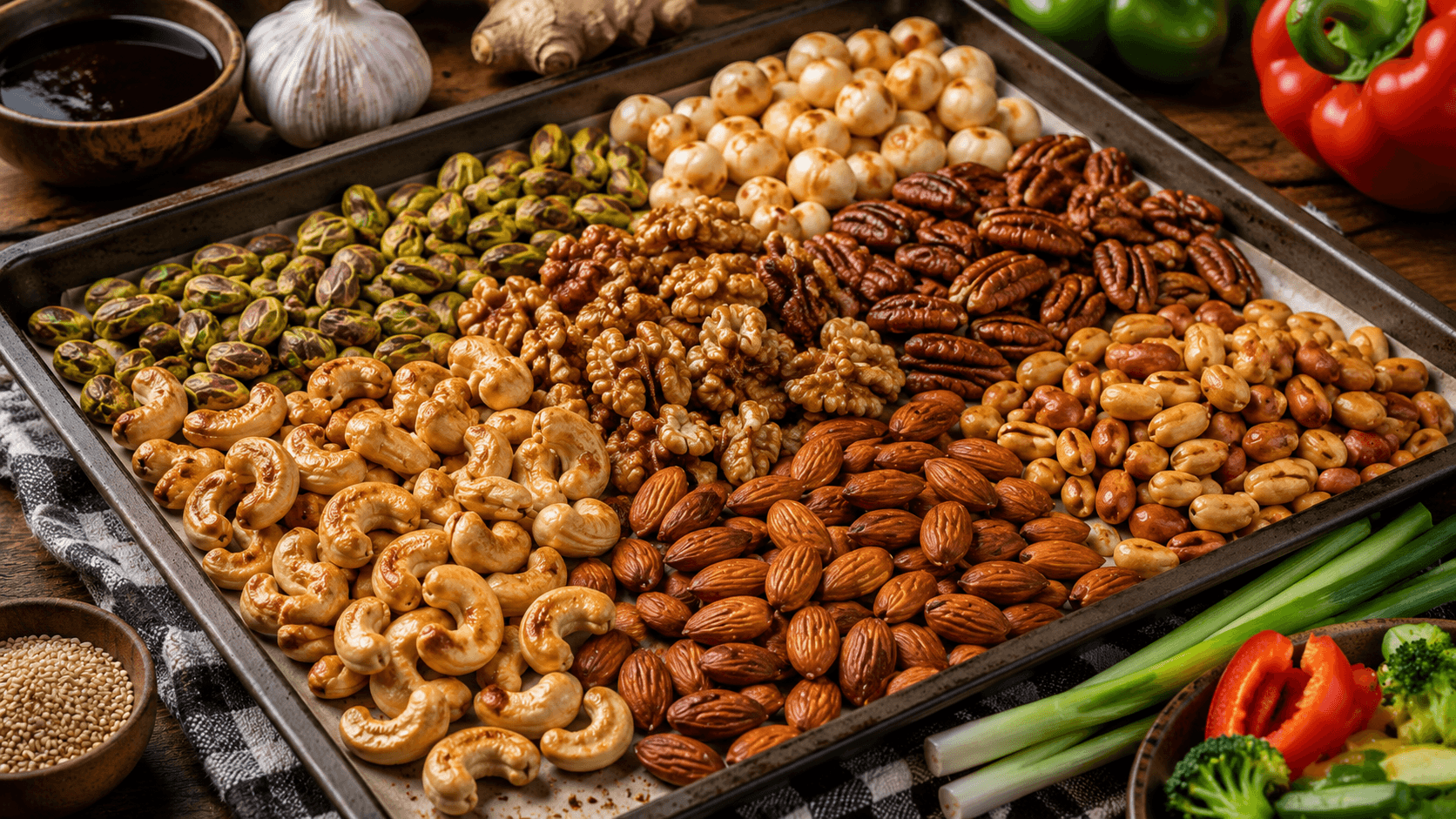 Toasted mixed nuts prepared for homemade stir fry recipes
