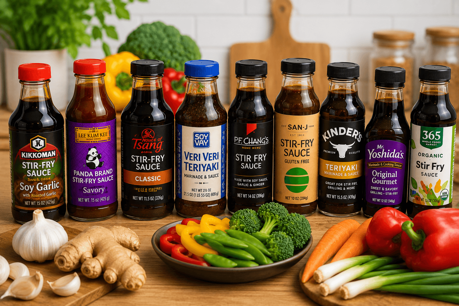 Popular store bought stir fry sauce brands lined up on a kitchen counter beside fresh vegetables