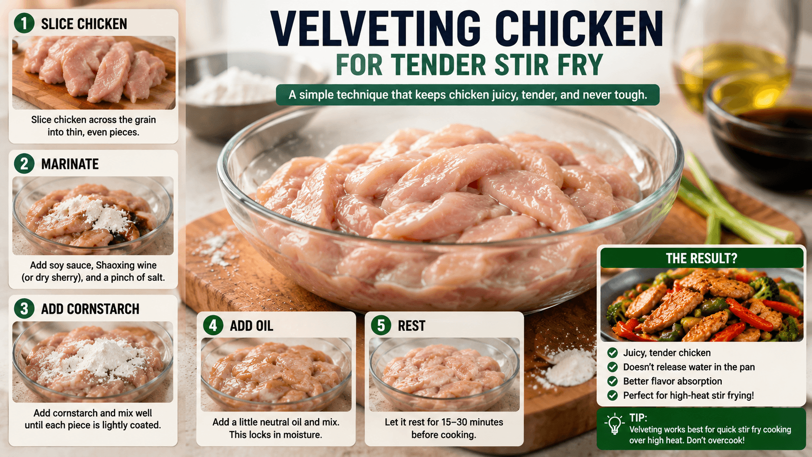Preparing chicken with cornstarch velveting technique before stir fry