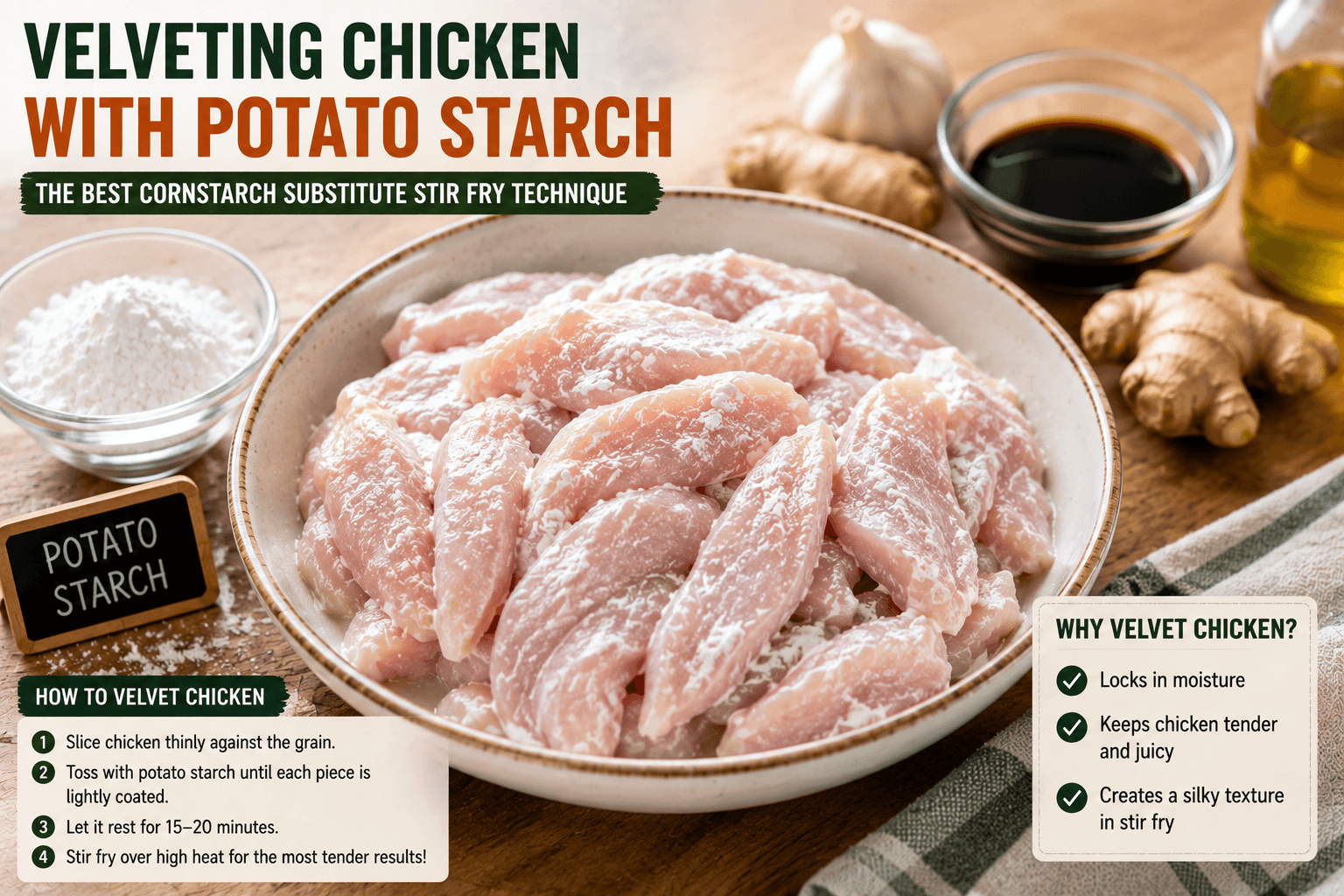Chicken slices coated with potato starch as the best cornstarch substitute stir fry technique before cooking