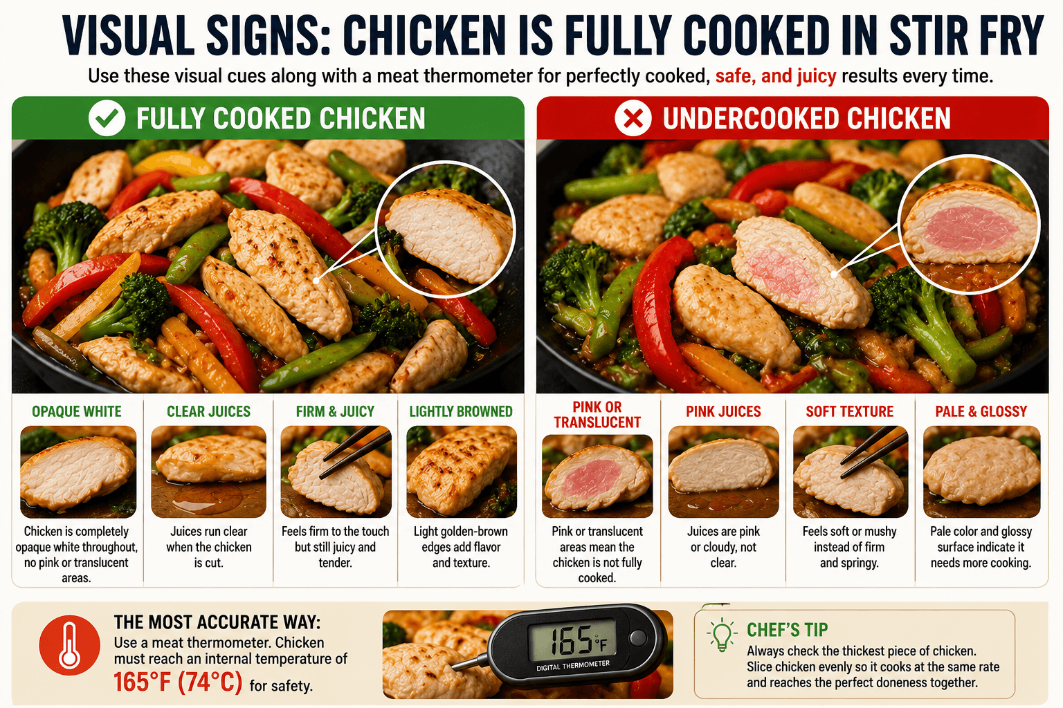 Visual comparison of fully cooked and undercooked chicken pieces in a stir fry