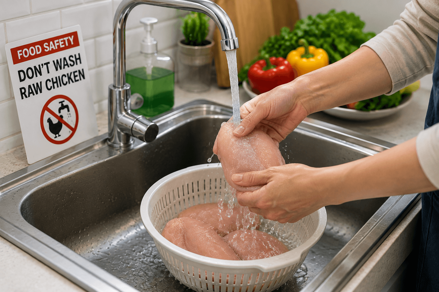 Person washing raw chicken under a kitchen faucet before preparing stir fry
