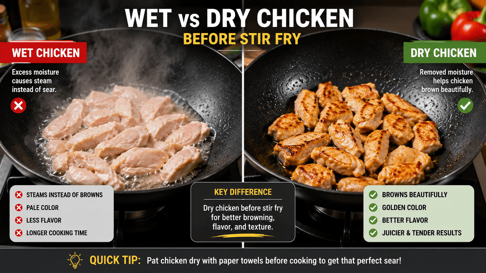 Comparison showing wet chicken steaming and dry chicken browning properly during stir fry cooking