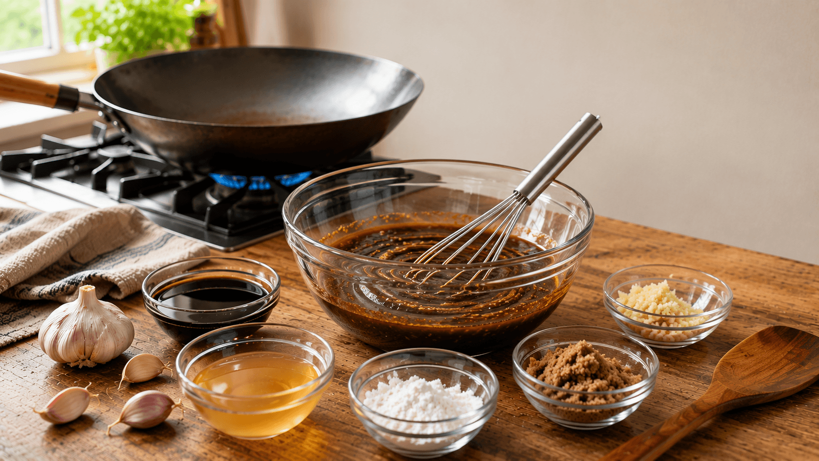 Whisking homemade stir fry sauce ingredients together in a glass mixing bowl