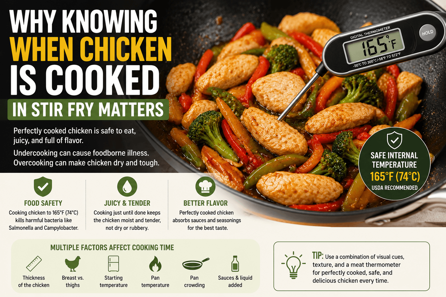 Checking properly cooked chicken in a stir fry using visual cues and a meat thermometer