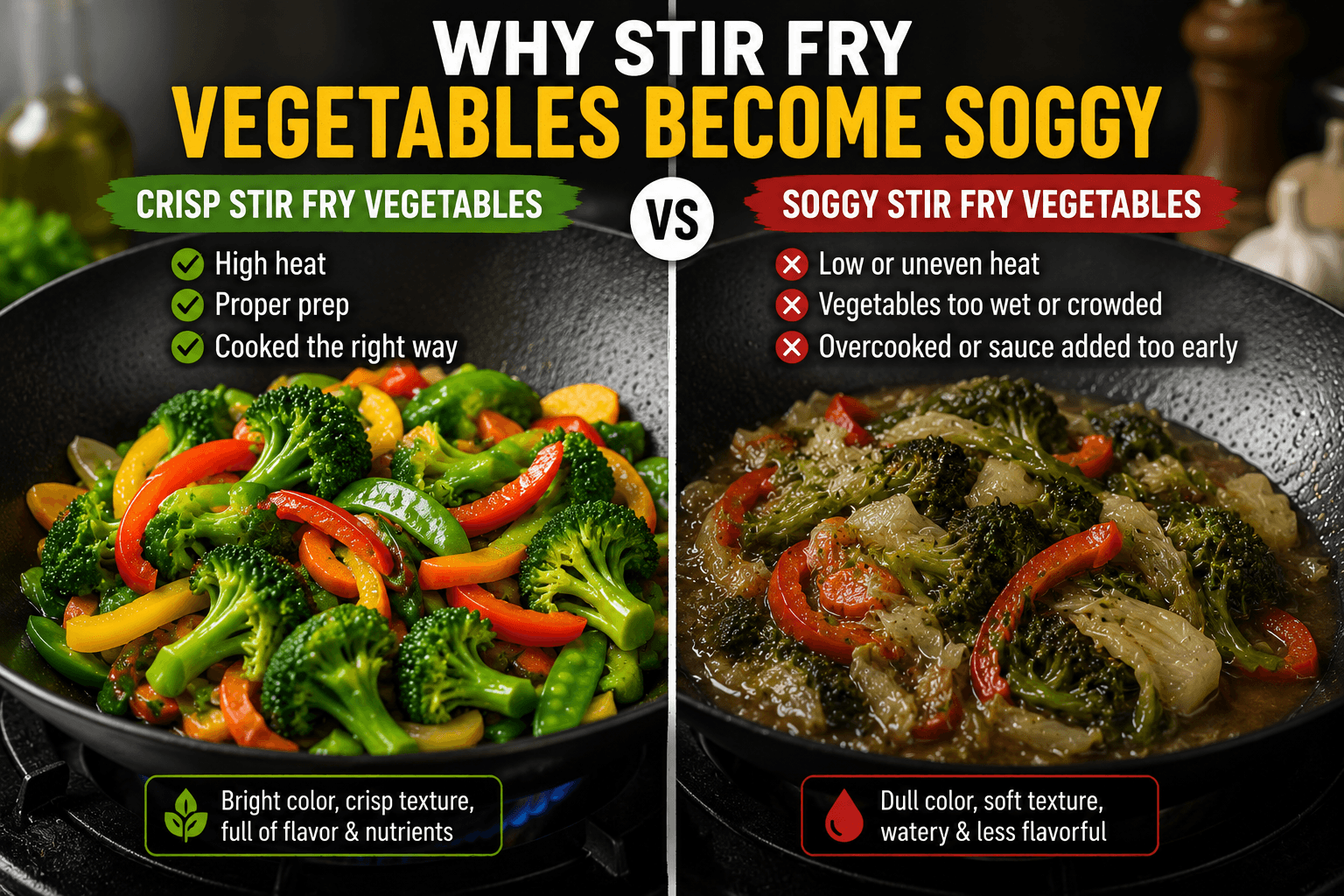 Comparison showing crisp stir fry vegetables versus soggy stir fry vegetables in a wok