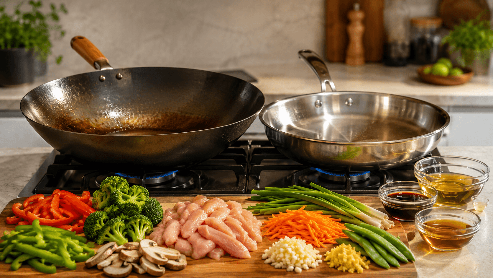Carbon steel wok and stainless steel skillet ready for cooking quick stir fry meals