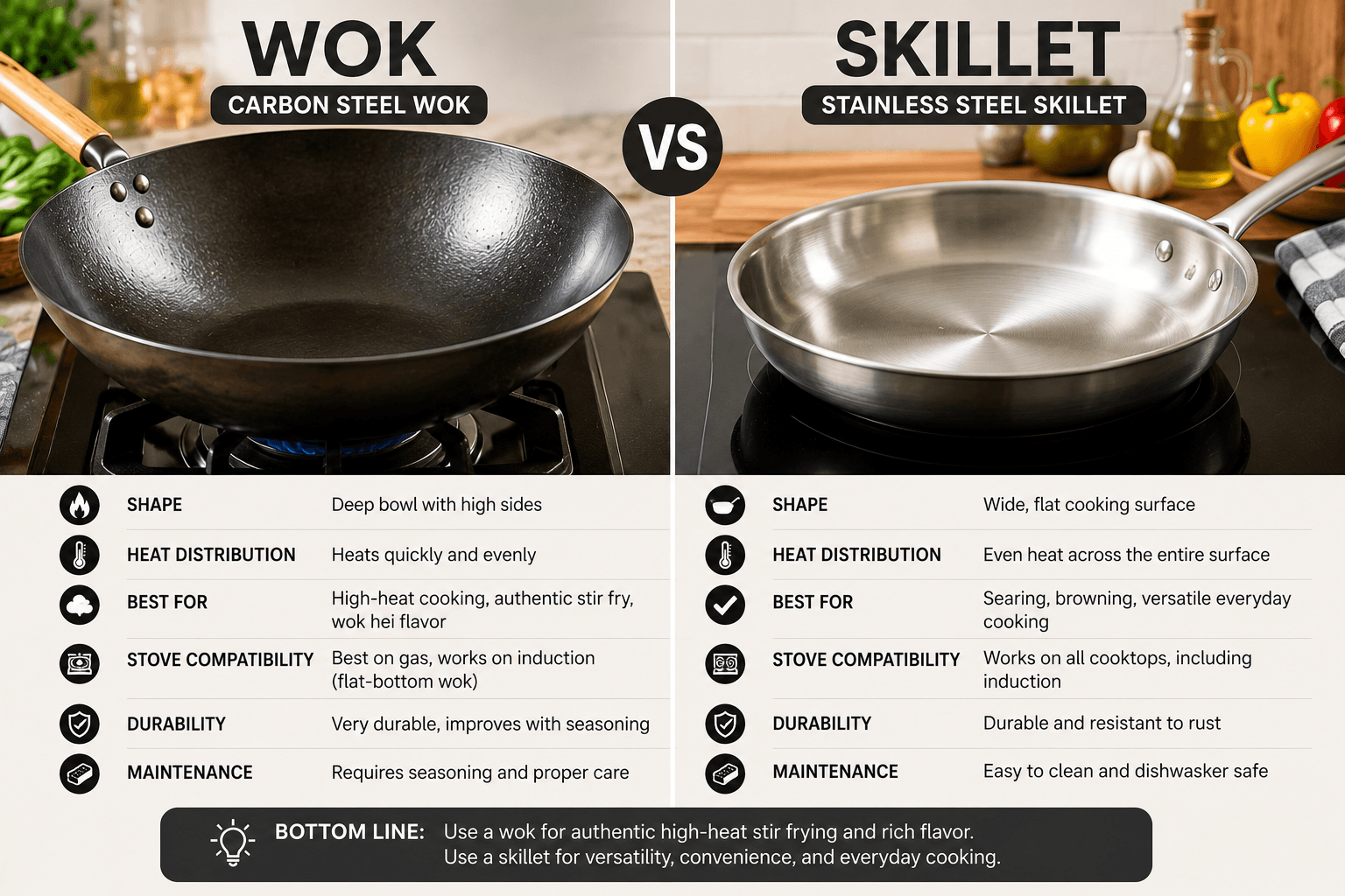 Side by side comparison of carbon steel wok and stainless steel skillet